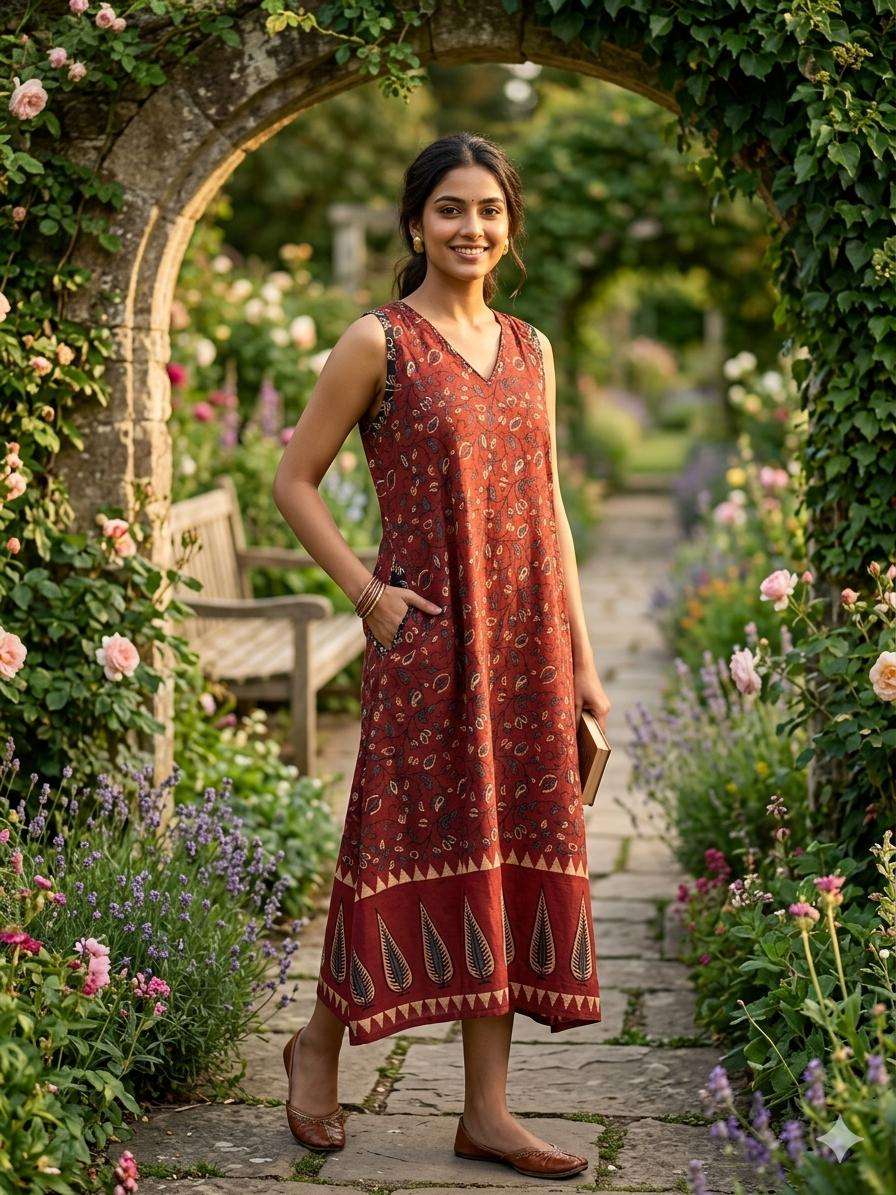 AJRAKH HANDBLOCK PRINT V NECK A LINE SLEEVELESS 1 PIECE SUPP...