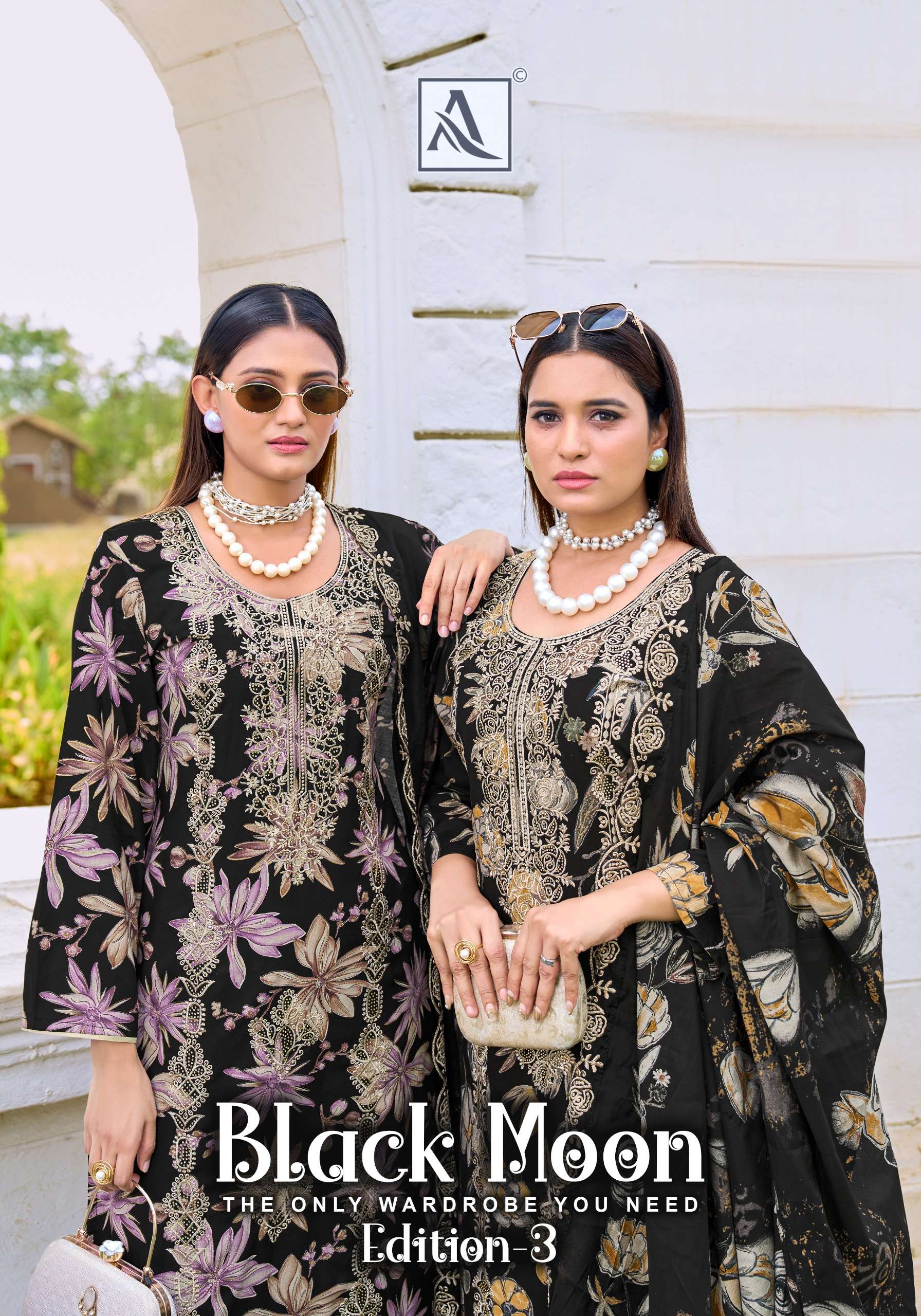 ALOK SUIT BLACK MOON EDITION 3 VISCOSE RAYON  WITH WORK BLAC...