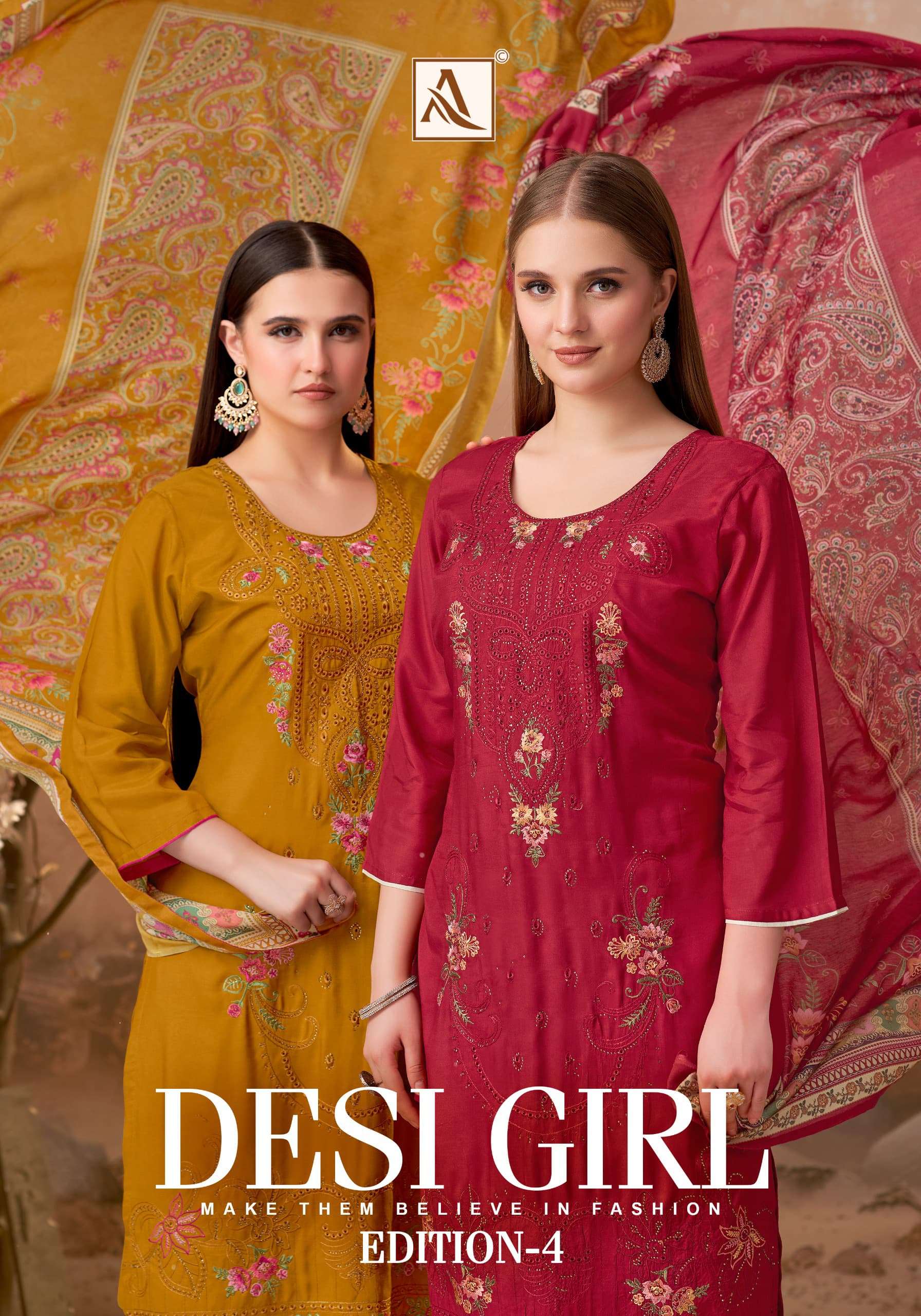 ALOK SUIT DESI GIRL VOL 4 VISCOSE MASLIN DESIGNER SUIT MATER...