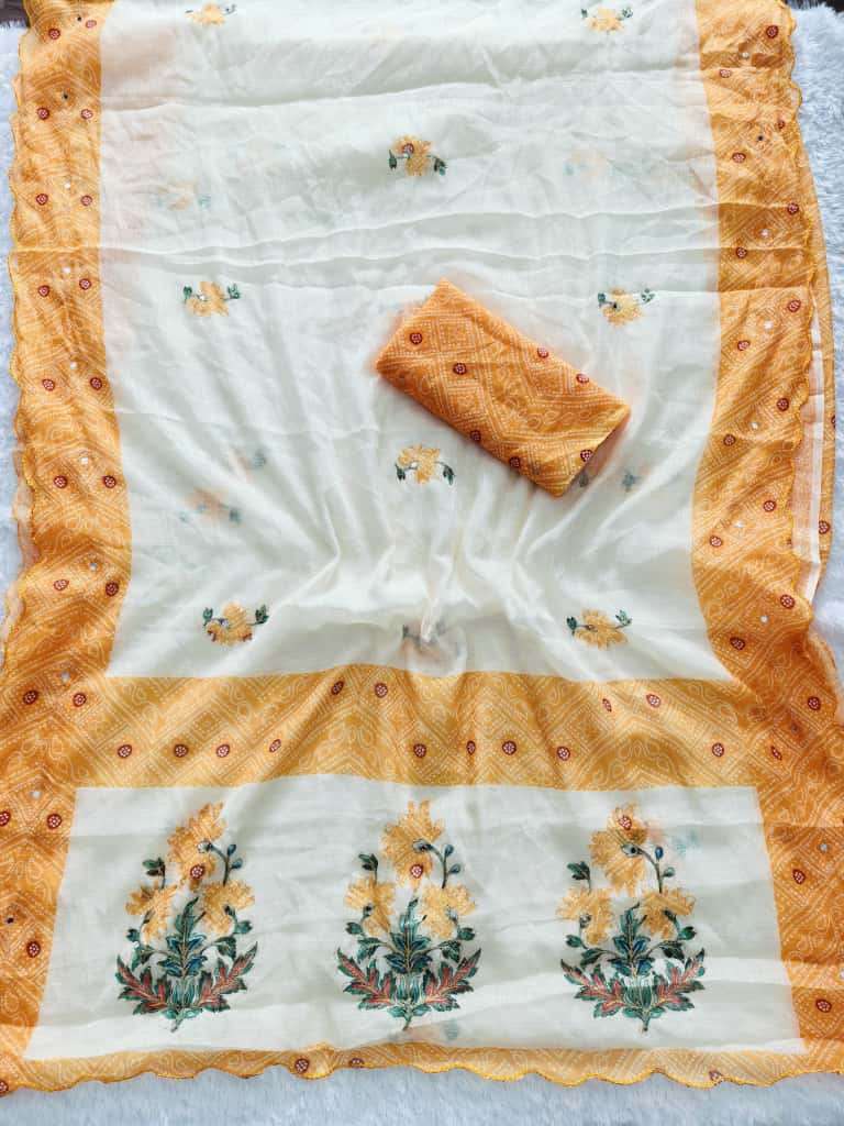 BANDHANI AARI WORK HEAVY AND SOFT LINEN FABRIC SAREE RESELLE...