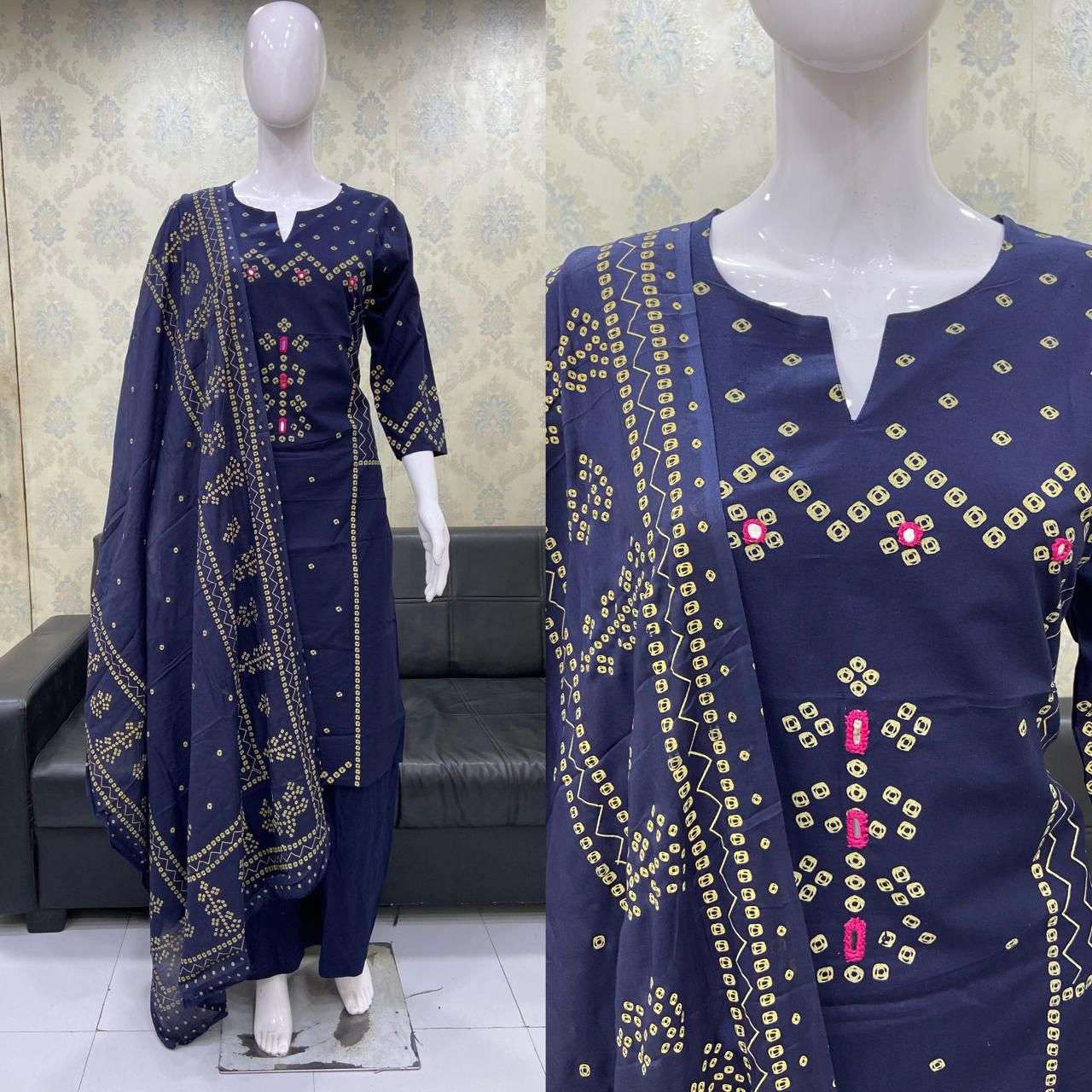 BANDHANI COTTON 3PC PAIR WITH MIRROR WORK SALWAR SUIT SUPPLI...