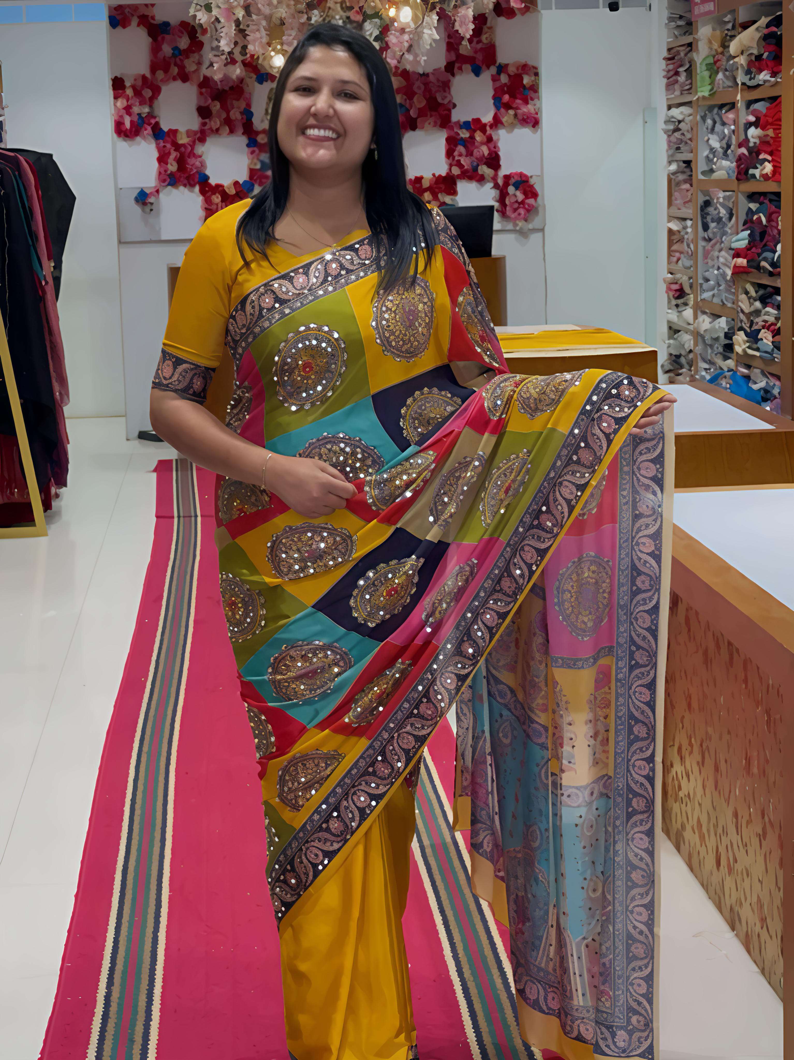 BEAUTIFUL AND BRIGHT YELLOW MIRROR MARSH MELLOW GEORGETTE FA...