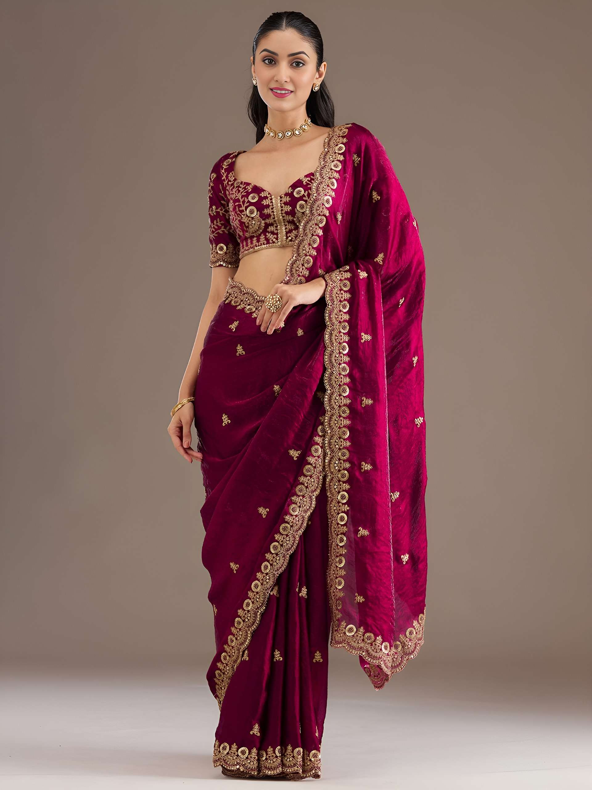 beautiful and soft Maroon colour Tissue fancy fabric Designe...