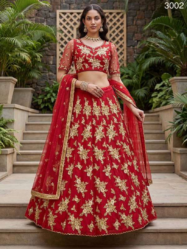  Beautiful Detailes Embroidery Net Red Lehenga Choli wholesa...