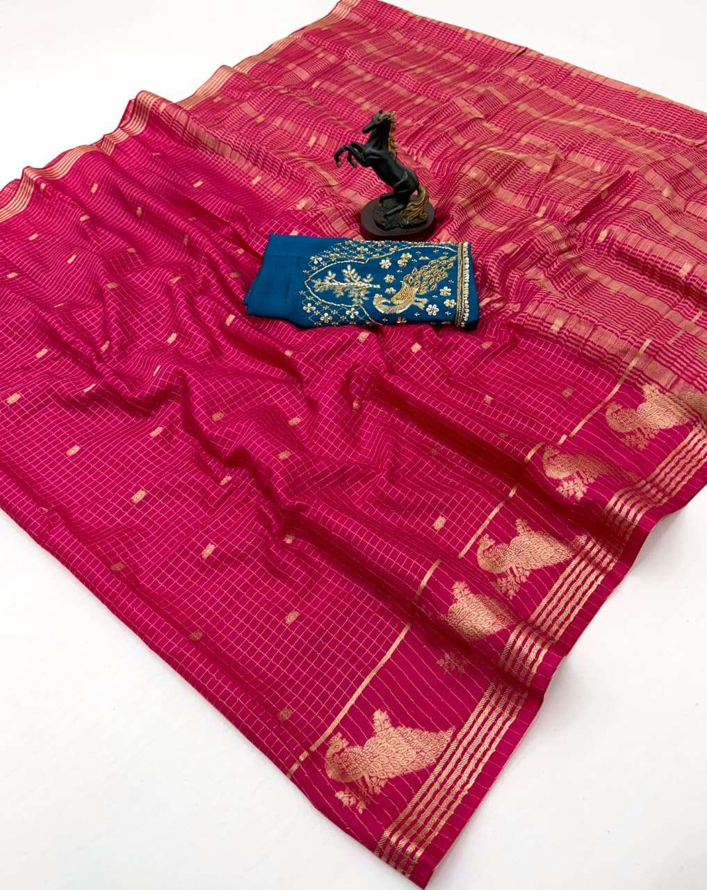   Beautiful Mysore crepe with gold checks design and peacock...
