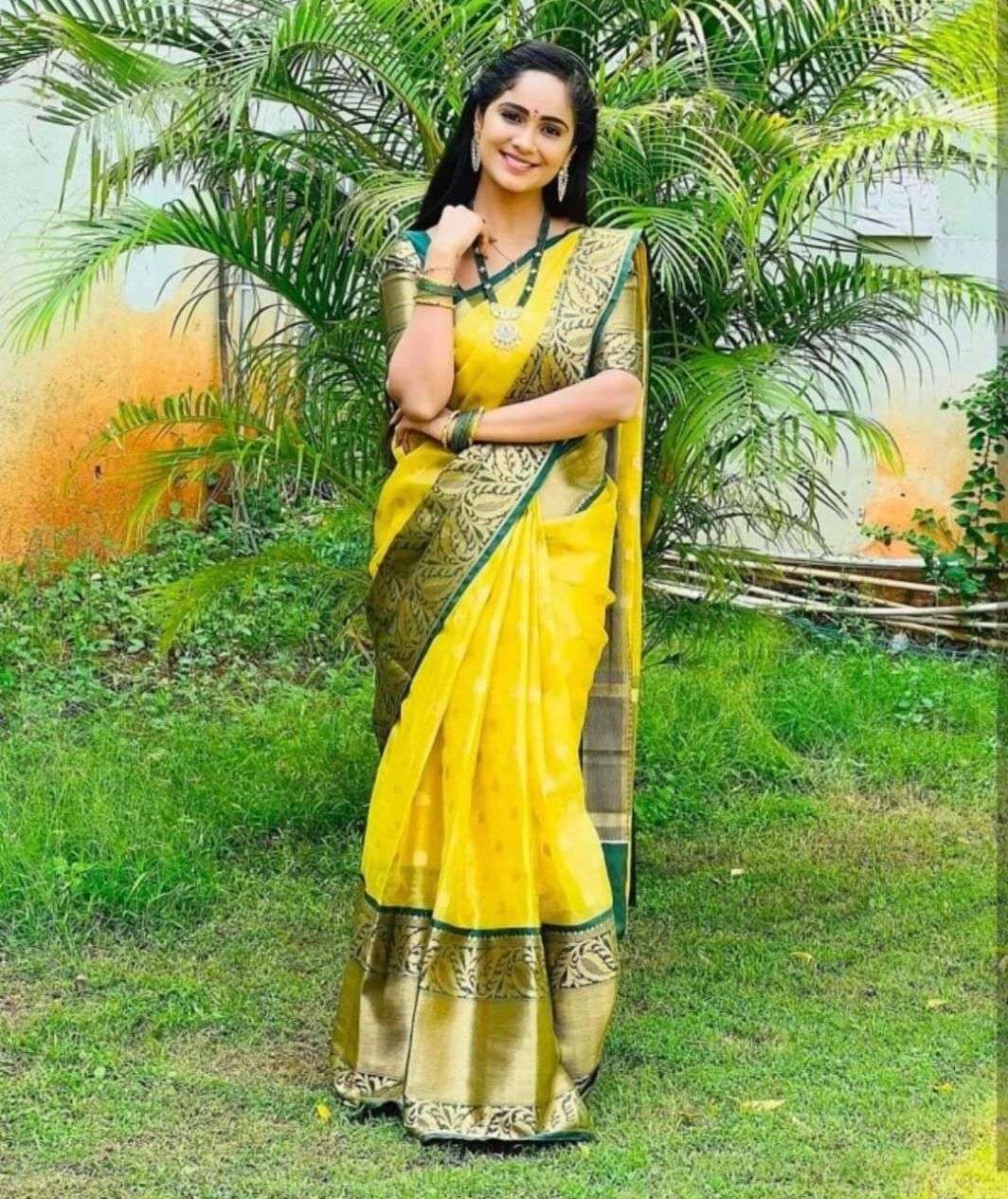 beautiful soft and pure lichi silk fabric in yellow color sa...