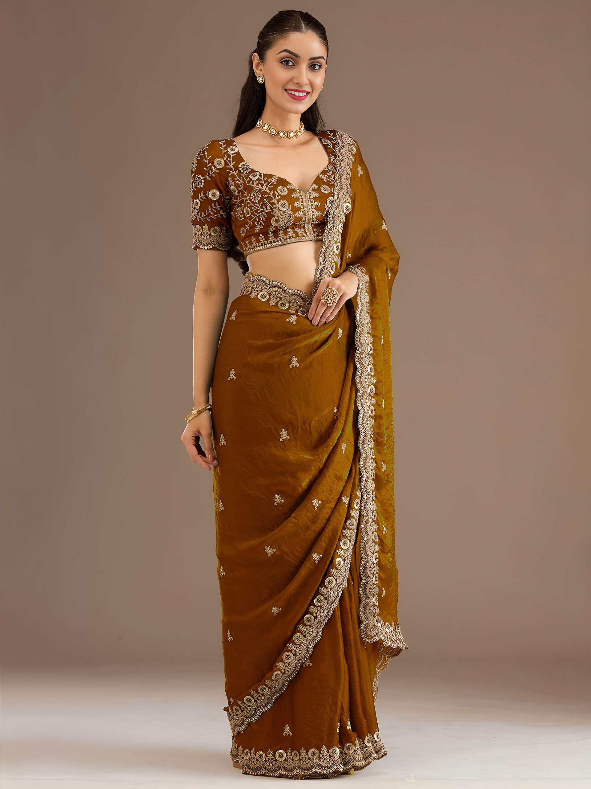  beauty Mustard and Gold Elegant tissue fabric Embroidered w...