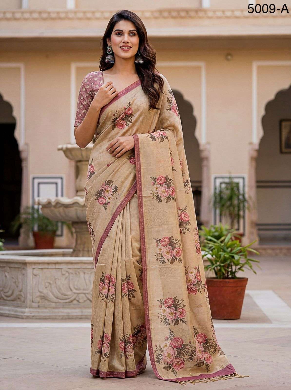 beige and Virana Silk fabric pink floral printed saree is a ...