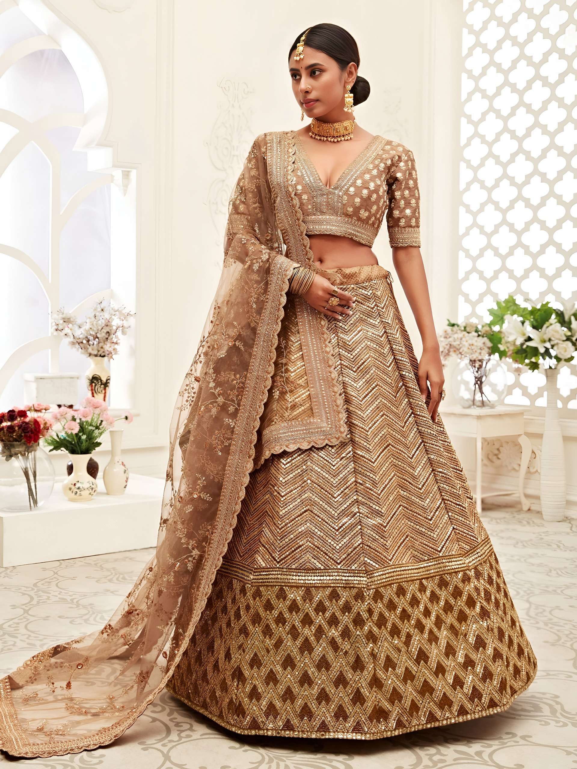 Champagne Antique Gold Designer Slub Silk fabric Bridal Lehe...