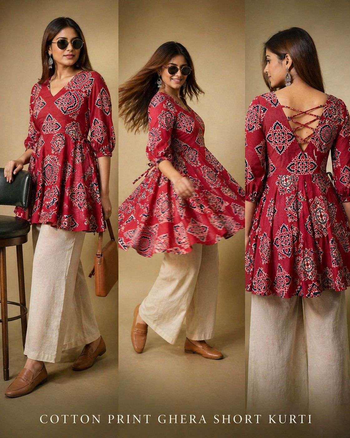 COTTON AJRAK PRINTS SHORT GHERA TOP TREND FASHION WOMEN PART...