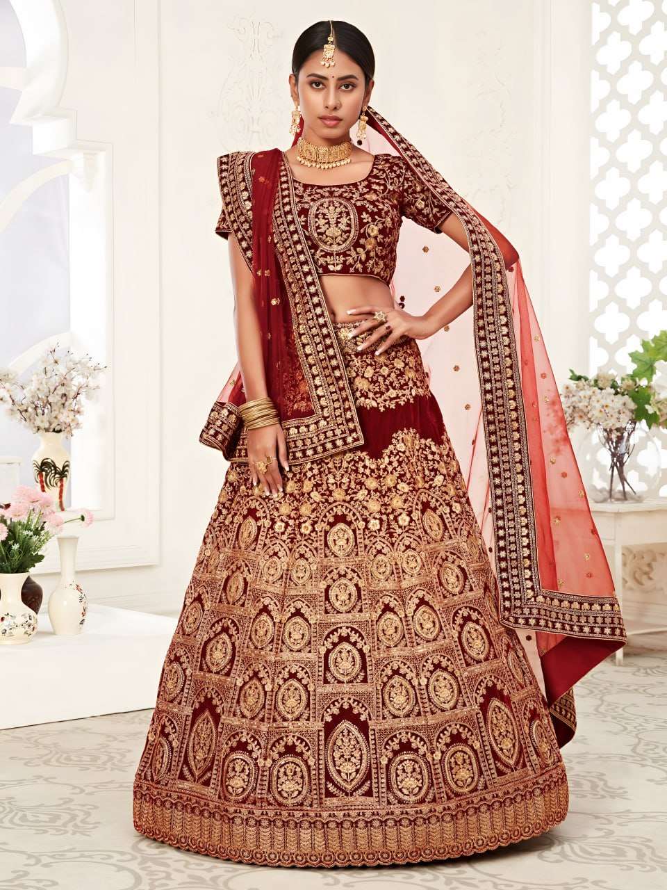 designer bridal Royal Maroon colour Zari Velvet Bridal Lehen...