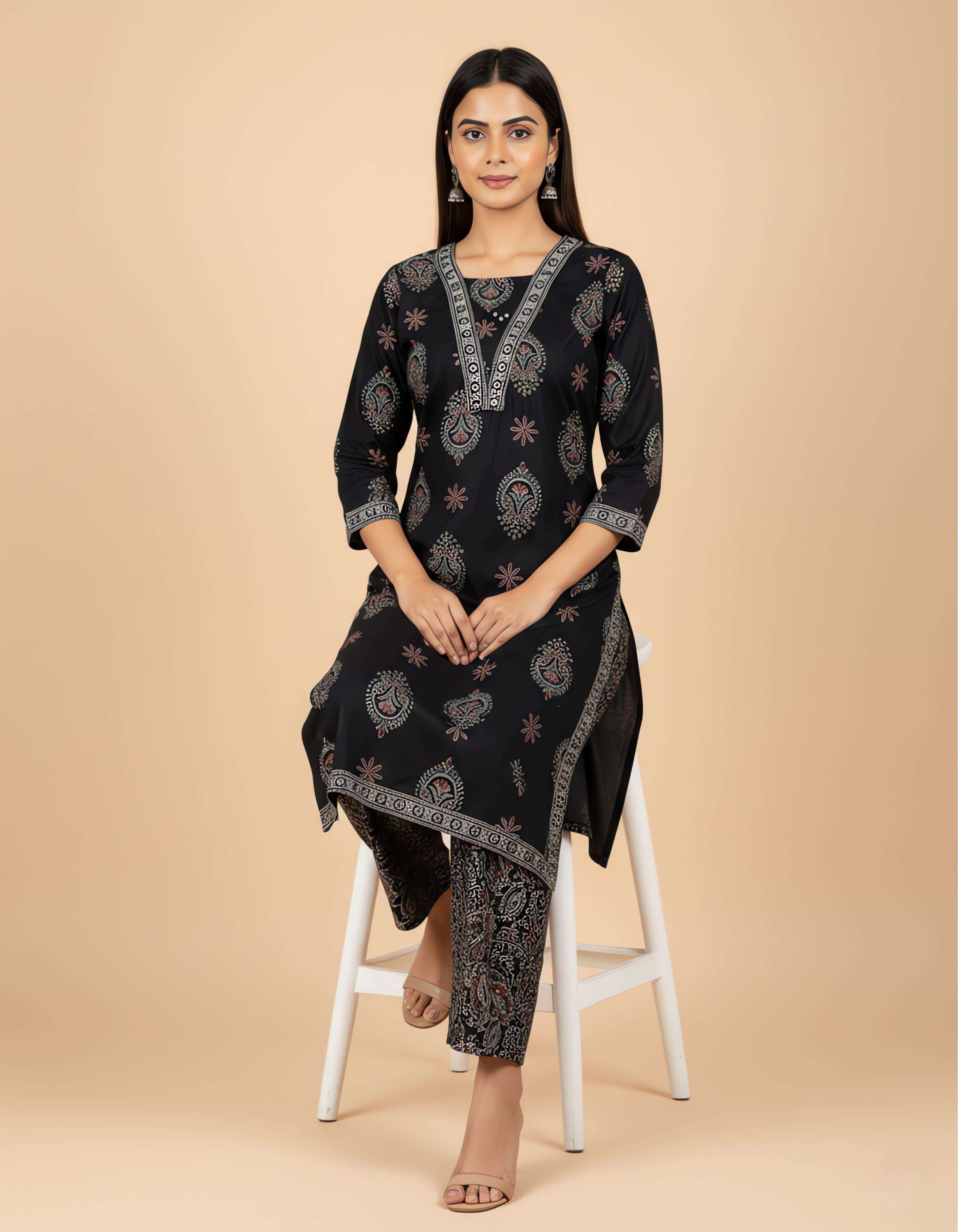 DESIGNER TOP BOTTOM SET COTTON FABRIC BLACK KURTI PANT SUPPL...