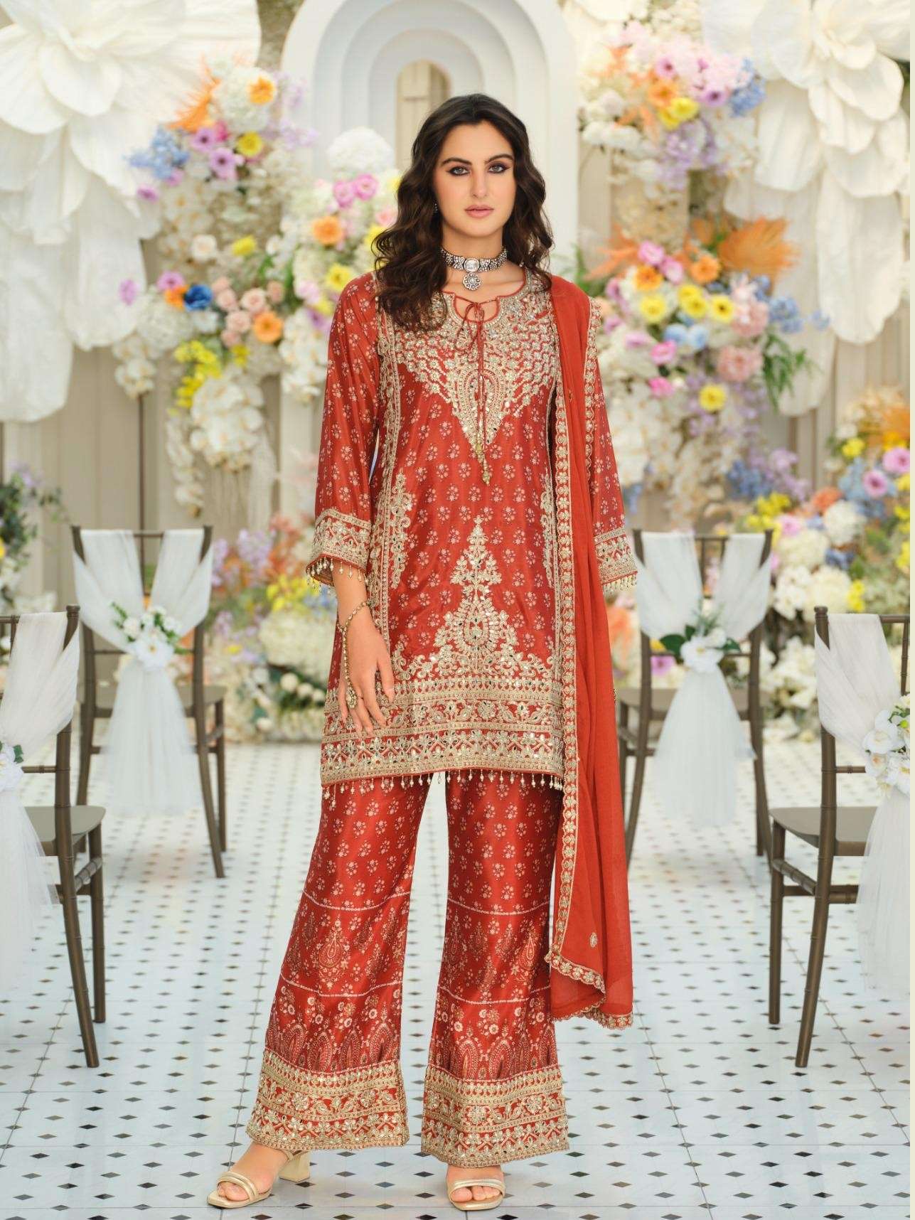 EBA KANCHAN EXCLUSIVE CHINON HEAVY WORK KURTI PALAZZO SUIT P...