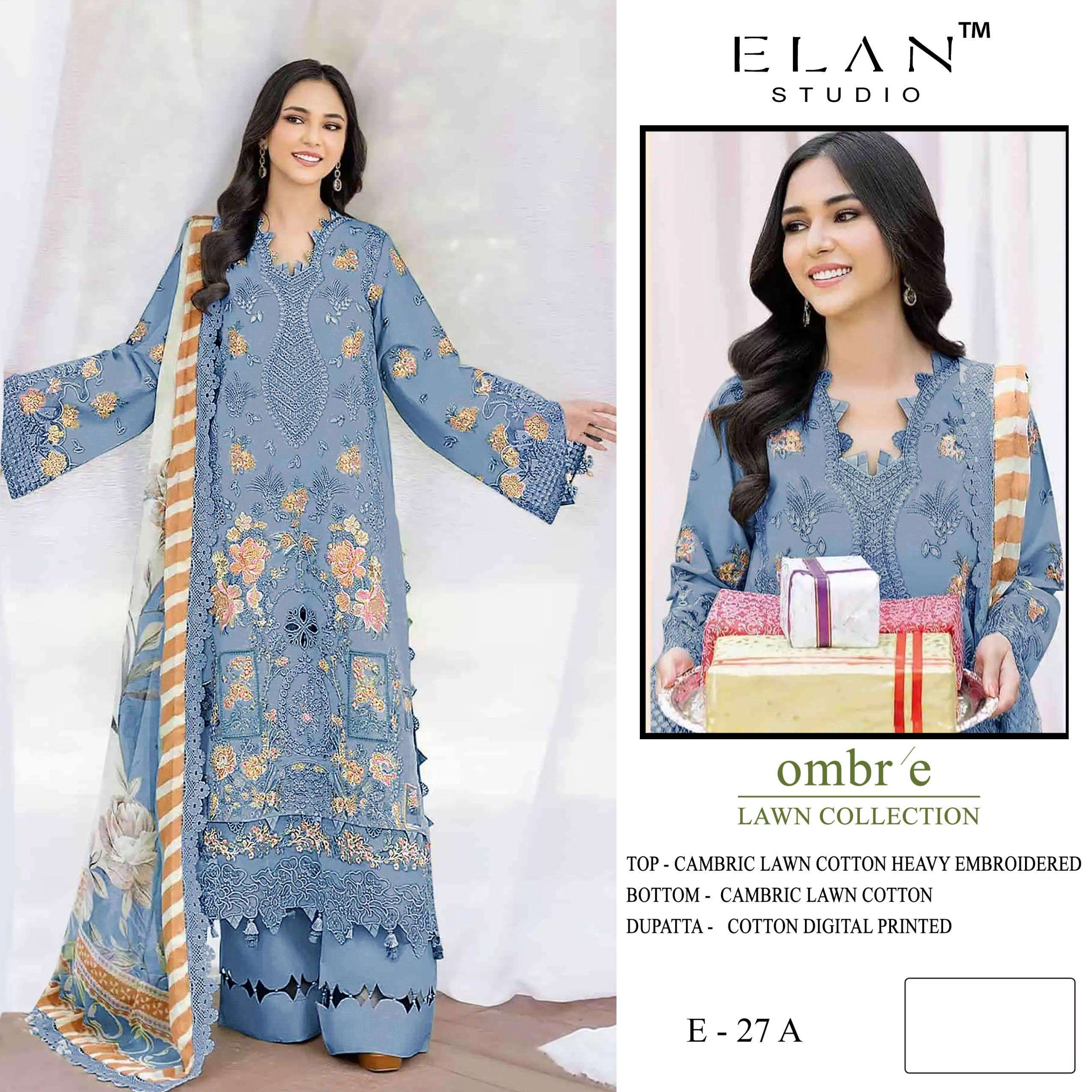 ELAN STUDIO E 27 CAMBRIC LAWN COTTON HEAVY WORK PAKISTANI MO...