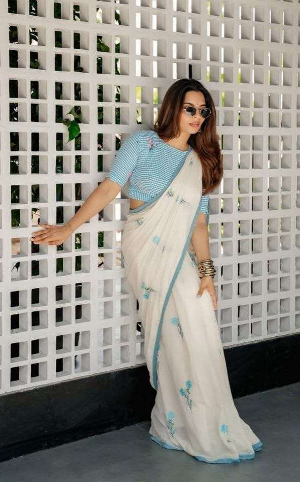  fancy and beautiful linen fabric with sky blue and flower D...