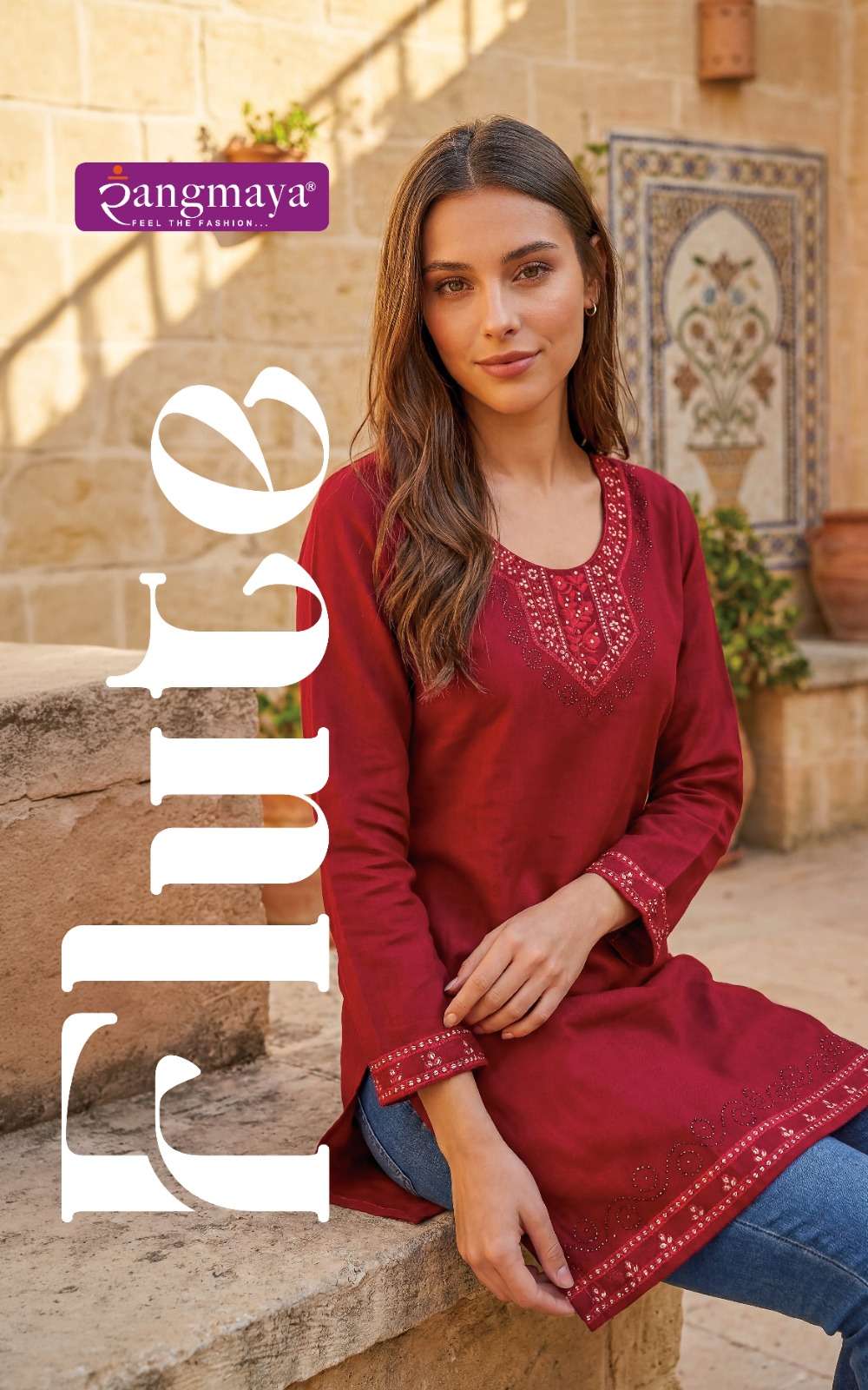 RANGMAYA FLUTE WESTERN CONCEPT NECK WORK TUNIC SHORT TOP COL...