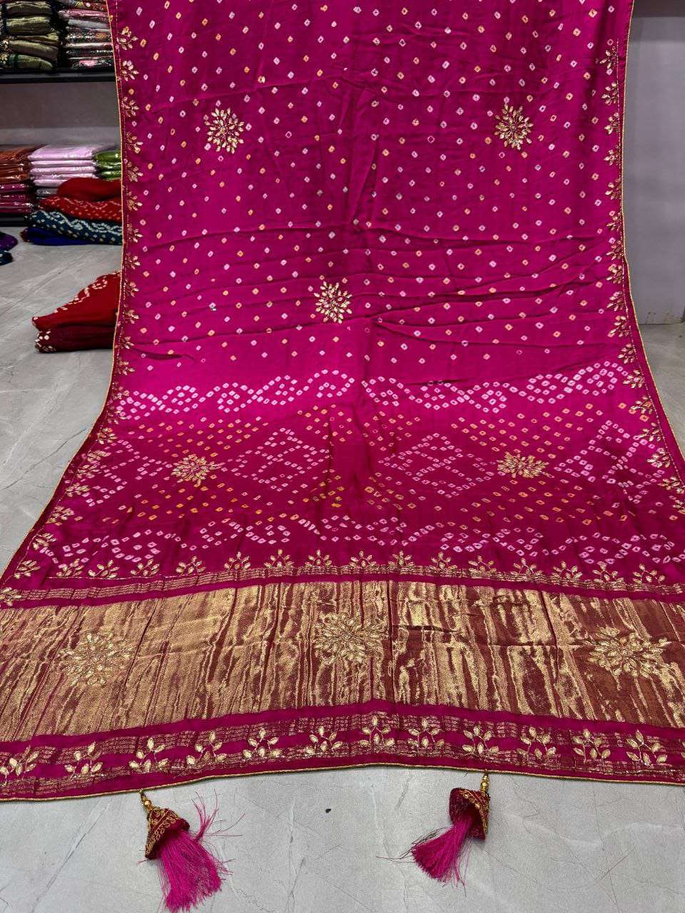Gaji Silk fancy fabric with Original Bandhani With Gota Pati...