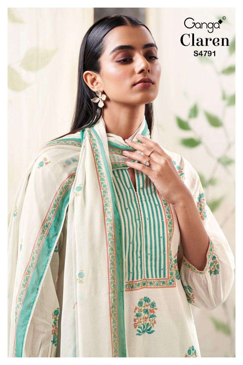 GANGA CLAREN 4791 WHITE ORGANDY MUL PRINTED DESIGN SUIT LIGH...