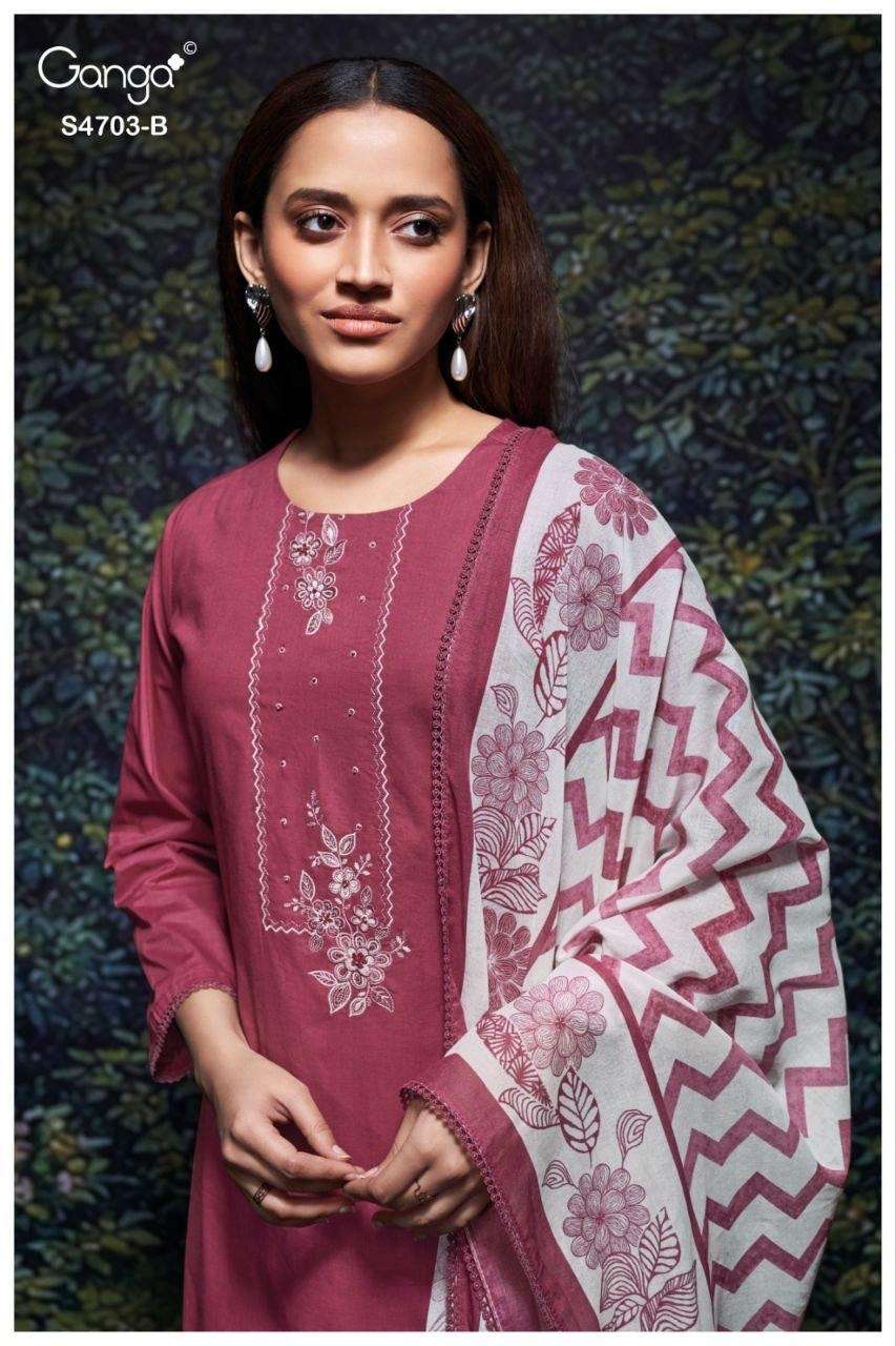 GANGA KIVORIA 4703 COTTON SOLID COLOR & SCHIFFLI WORK 3 PIEC...