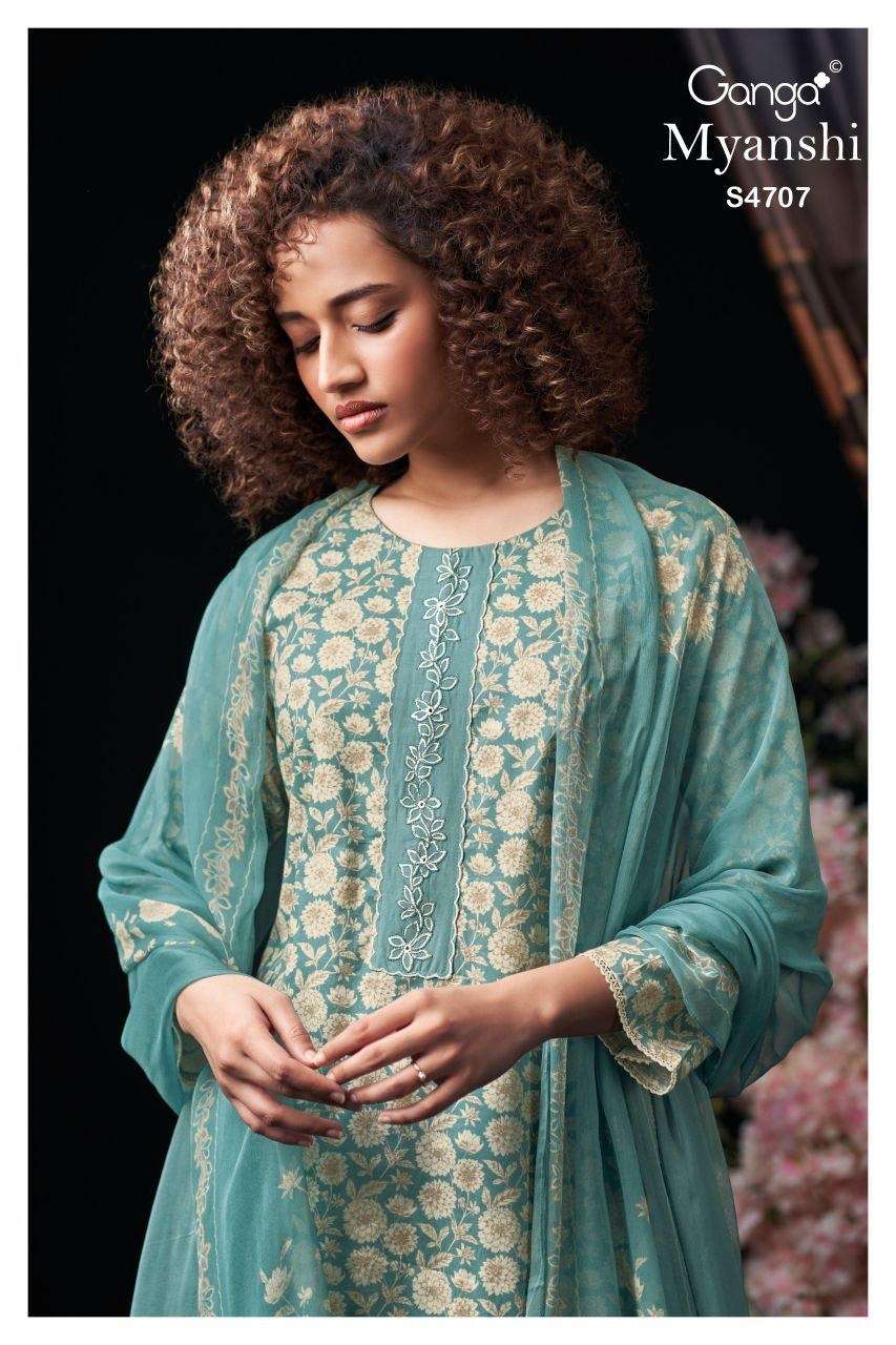 GANGA MYANSHI 4707 COTTON PRINTED CROCHET LACE ON DAMAN & SL...