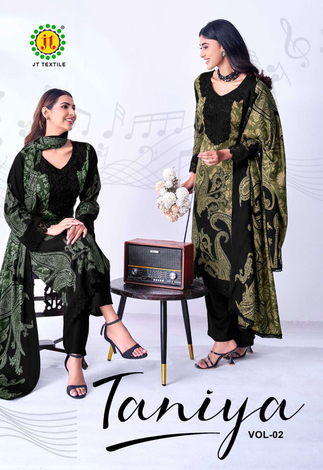 JAMATMAL TANIYA VOL 2 RAYON FABRIC WITH BITES BLACK SUIT COL...