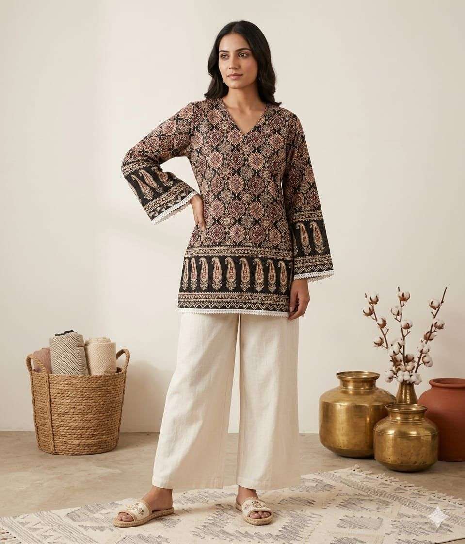 K 902 COTTON TOP WITH LONG BORDER SLEEVES TREND KURTI BUY RE...