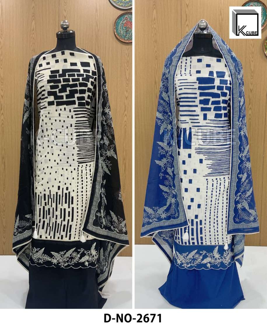 K CUBE 2656 CAMBRIC PRINT WITH THREDAL WORK UNSTITCH SUIT WH...