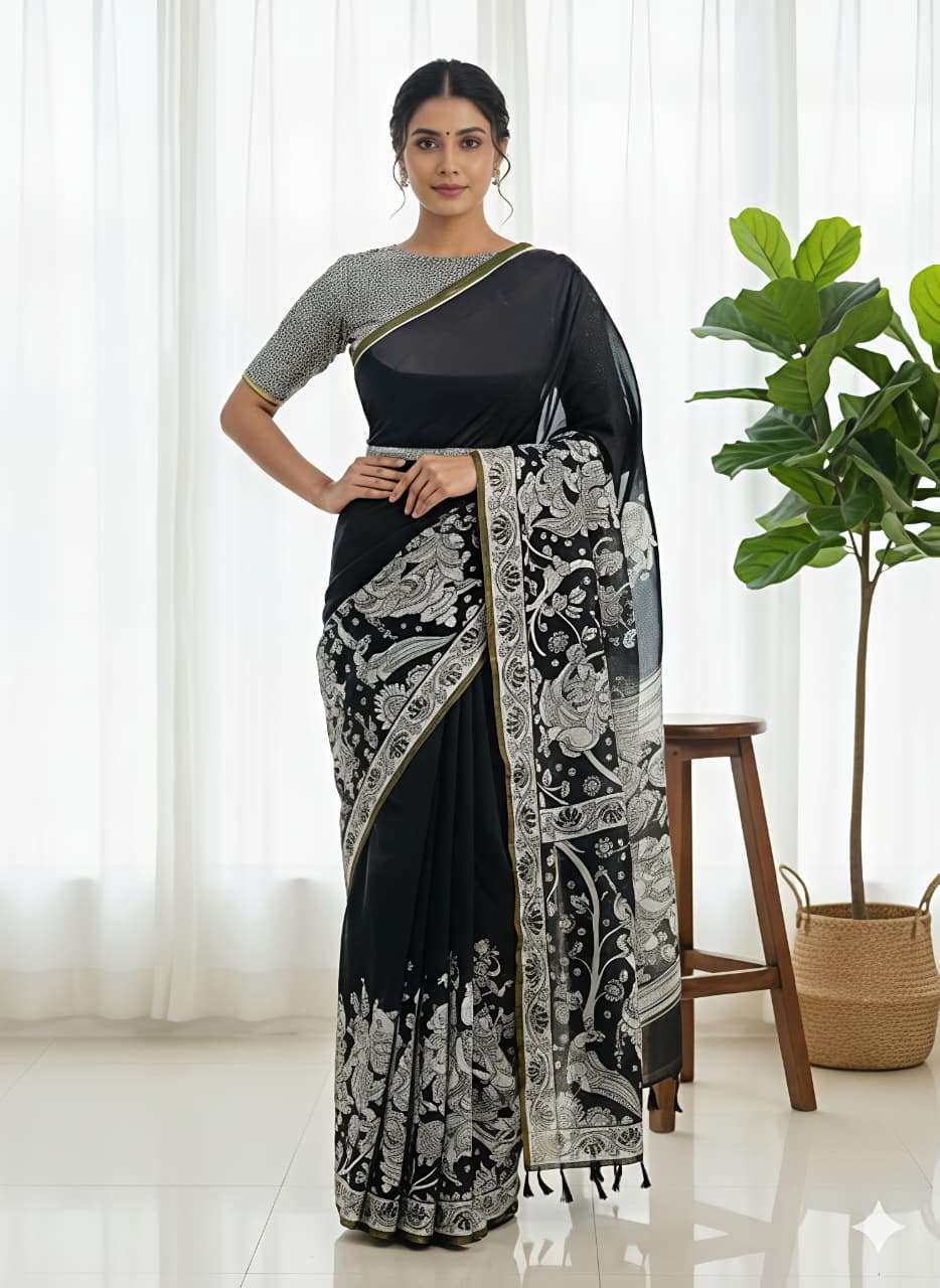 KALAMKARI GOLD HEAVY BLOOMING LINEN SOFT FABRIC WITH KALAMKA...