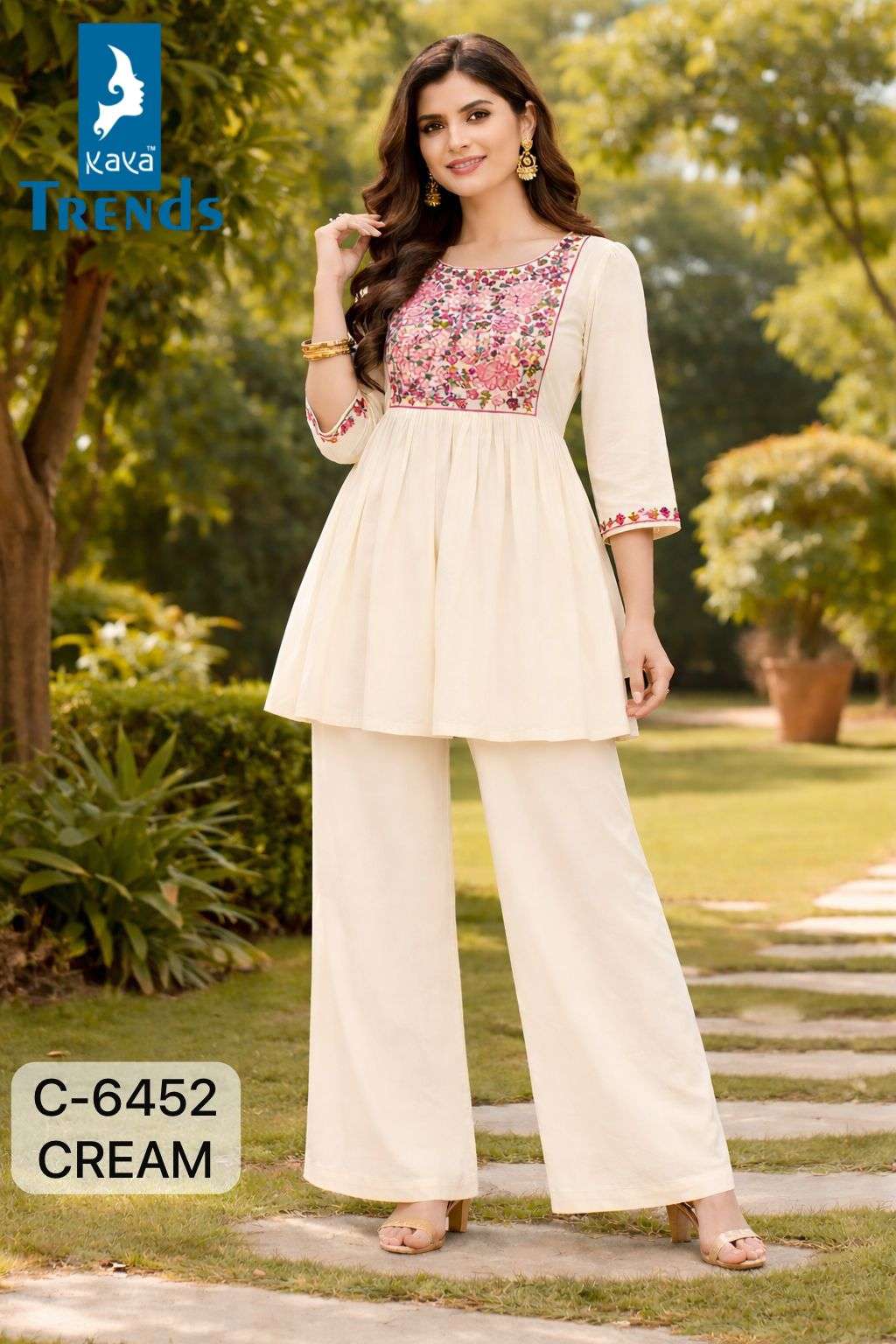 KAYA 6452 RAYON FABRIC EMBROIDERY WORK TOP PALAZZO LIKE CORD...