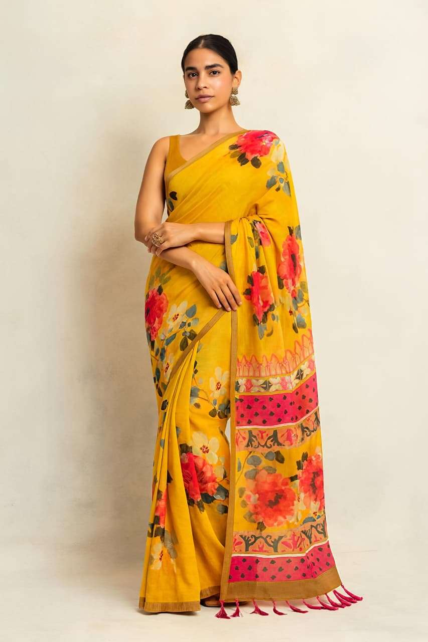 LAXMI GOLD BLOOMING LINEN JOYFULL AND COOL FABRIC SAREE REGU...