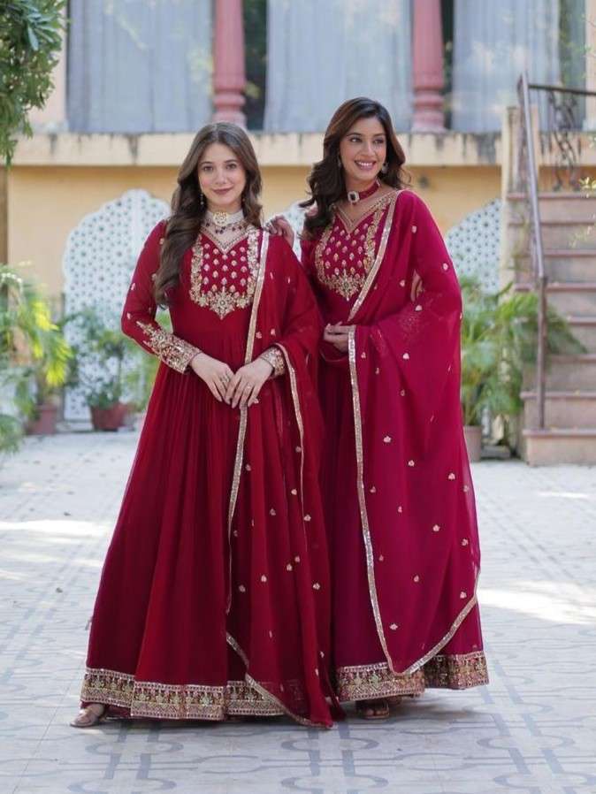 LW 9216 RICH SEQUENCE NECK PINK & RED ANARKALI SUIT FOR MARR...