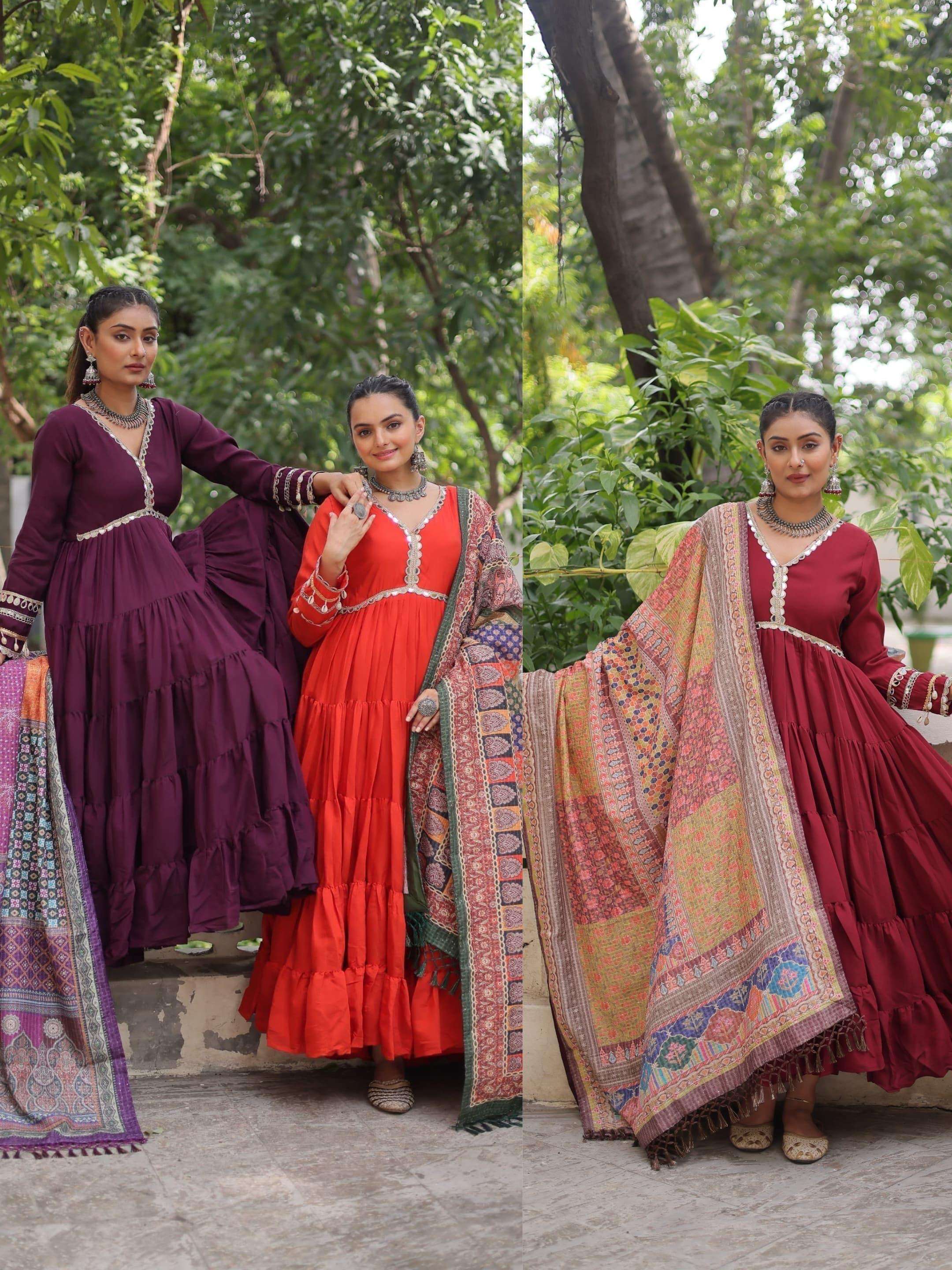 LW 9275 ROMAN FABRIC MIRROR WORK GOWN DUPATTA SET ETHNIC DRE...