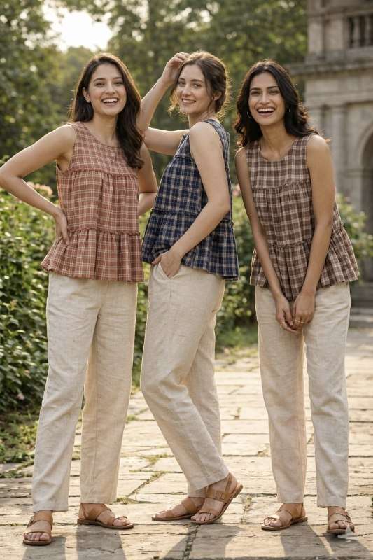 LW 9332 TREND CHECK LINEN COTTON TOP PANT SET CASUAL LOOK GI...
