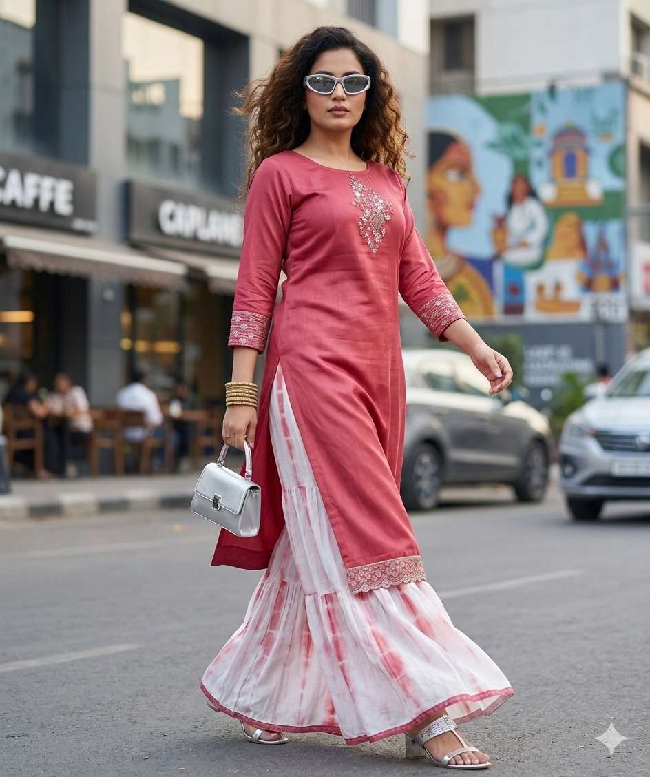 MADHVI MASLIN WITH INNER DESIGN SOUTH LOOK KURTI PALAZZO WEA...