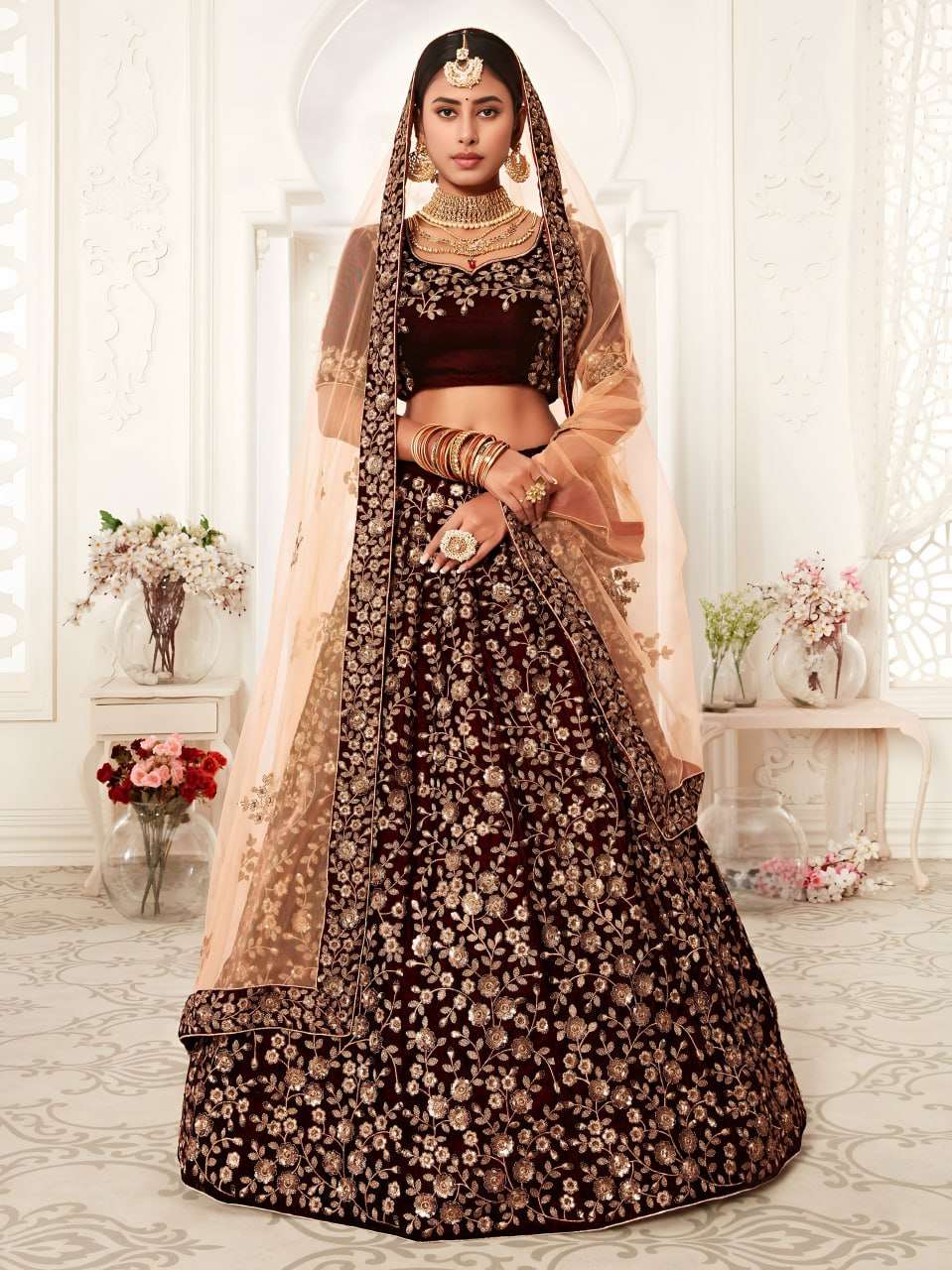  Maroon Velvet Heavy Embroidered Bridal Lehenga Choli for a ...
