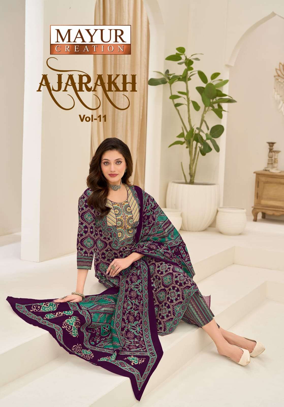 MAYUR AJARAKH VOL 11 COTTON PRINTED WITH WORK 3 PIECE SUIT I...
