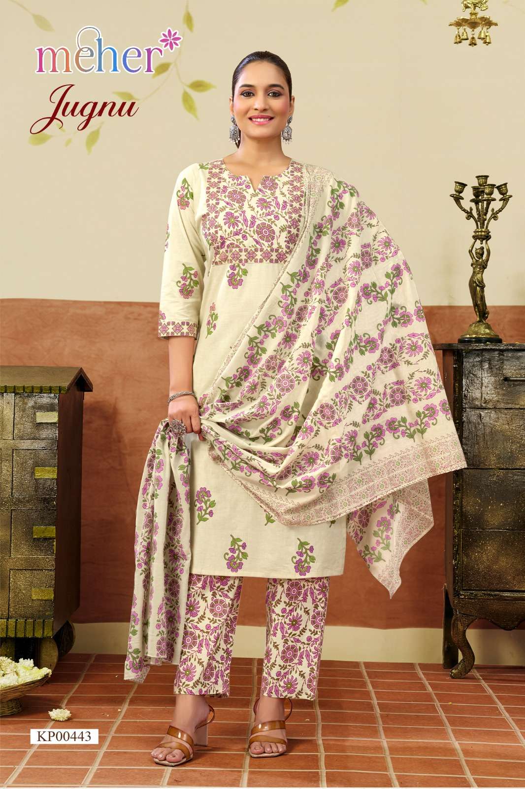 MEHER JUGNU FLORAL PRINT CAMBRIC FLORAL PRINTED THREE PIECE ...