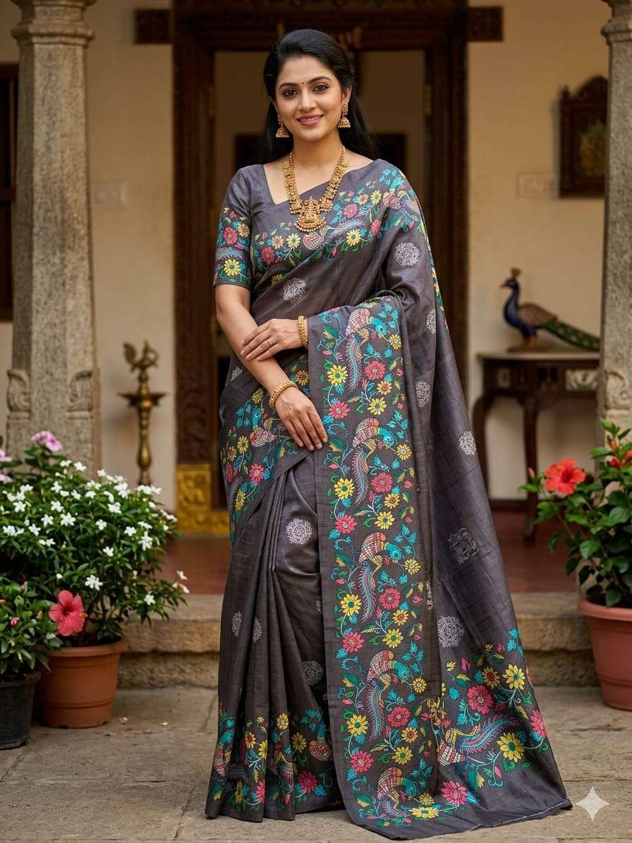 New Arrival Handloom tussar silk kalamkari digital printed s...