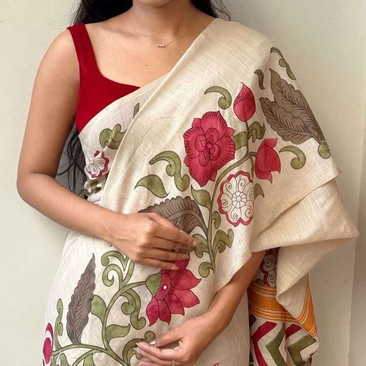 New Arrivals Soft heavy linen cotton fabric saree with flora...