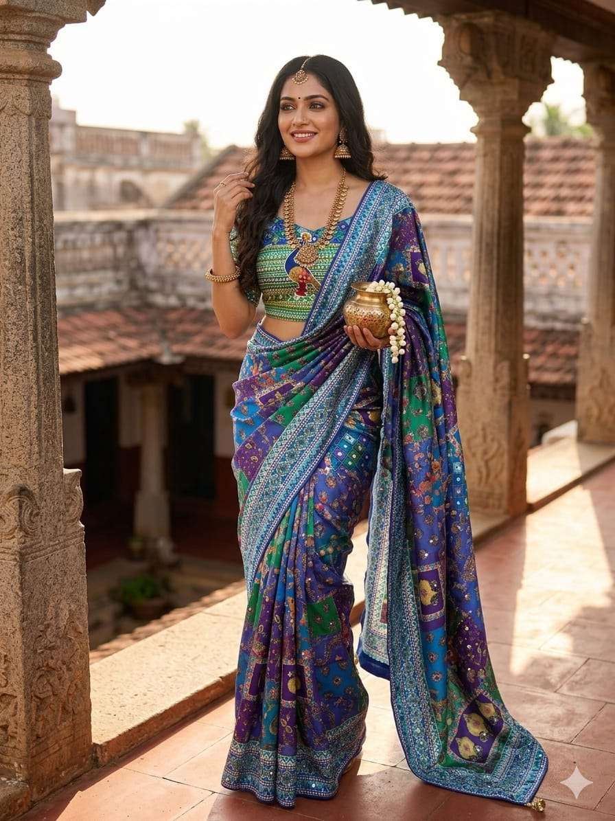 New Designer beautiful blue colour Premium Pure Chinon fabri...