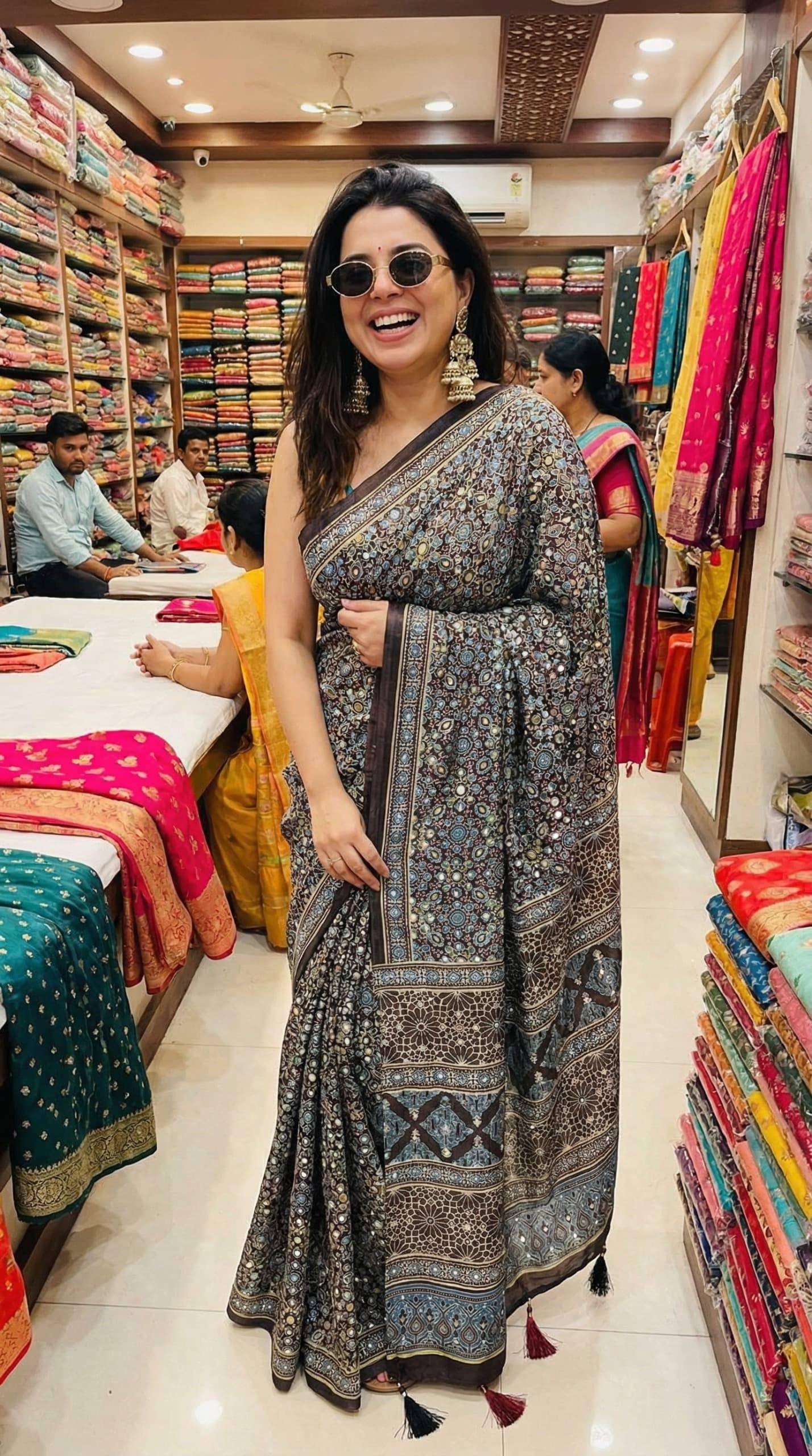 new launching party wear Roman cotton ajrakh print real mirr...