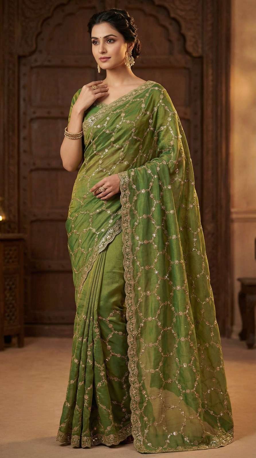  Nexa New Designer Pure and shiny Moss Silk fabric  With Bea...