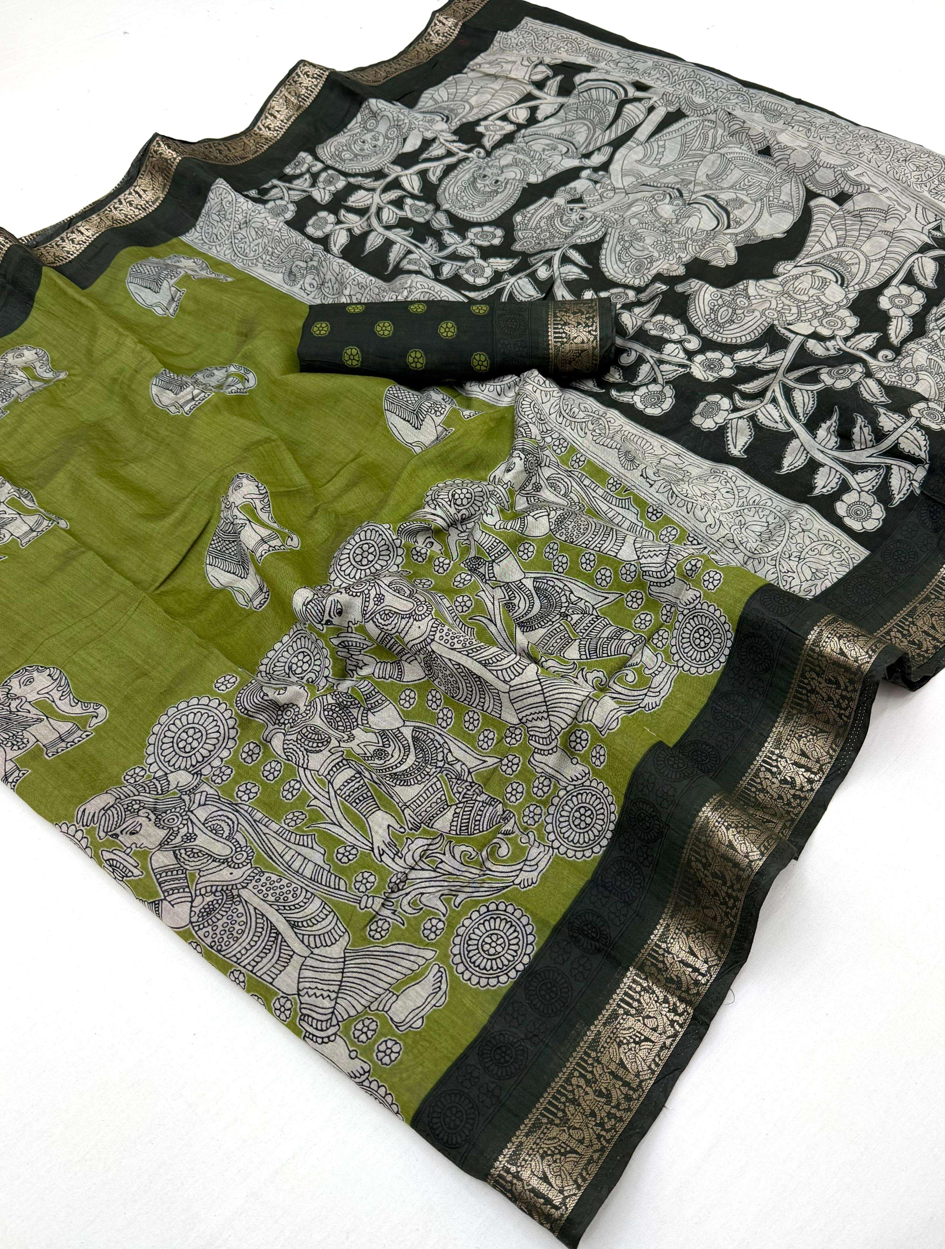  P V Cotton Joyfull cotton fabric with Dola Silk Kalamkari &...