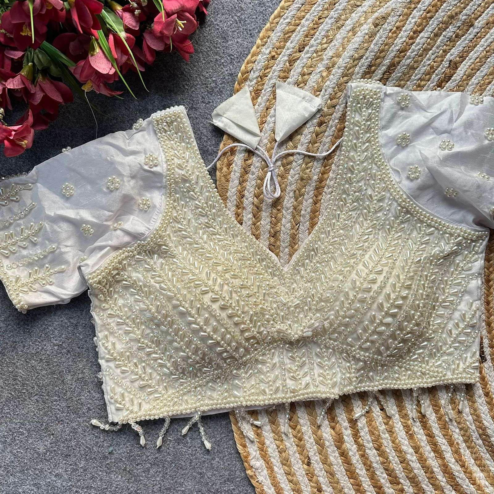  PURE HANDWORK PREAL MOTI FULL SLEEVE FANCY FABRIC BLOUSE WH...