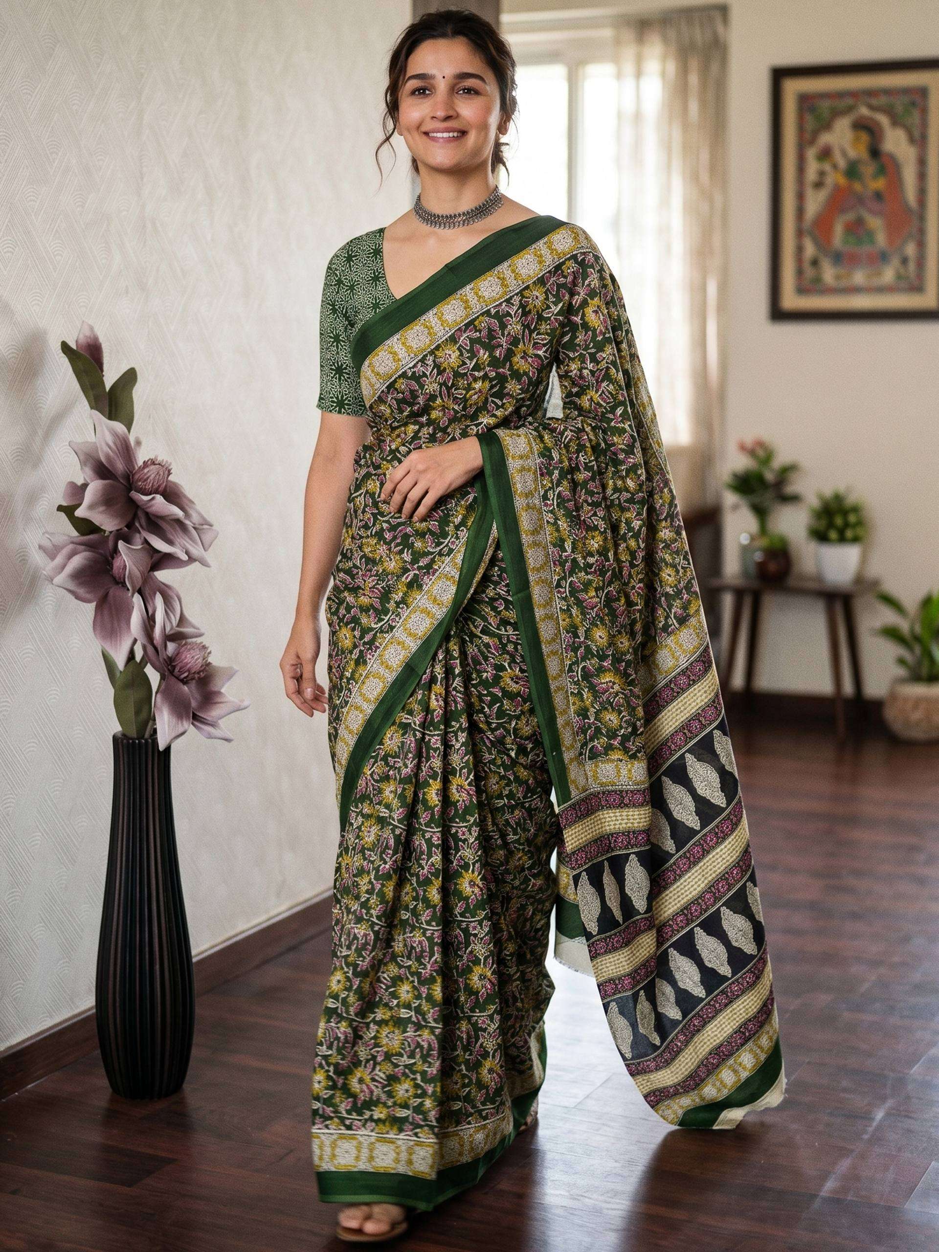  Pure Mulmul cotton fancy fabric kalamkari saree reseller in...
