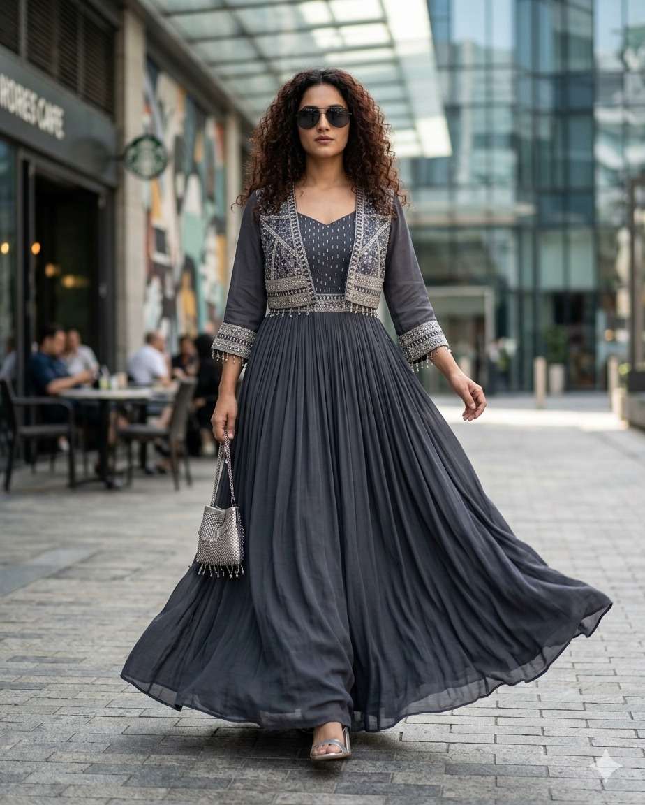 SAFFRON FREE SIZE WESTERN DESIGN KAFTAN STYLE GOWN COMBO SUR...
