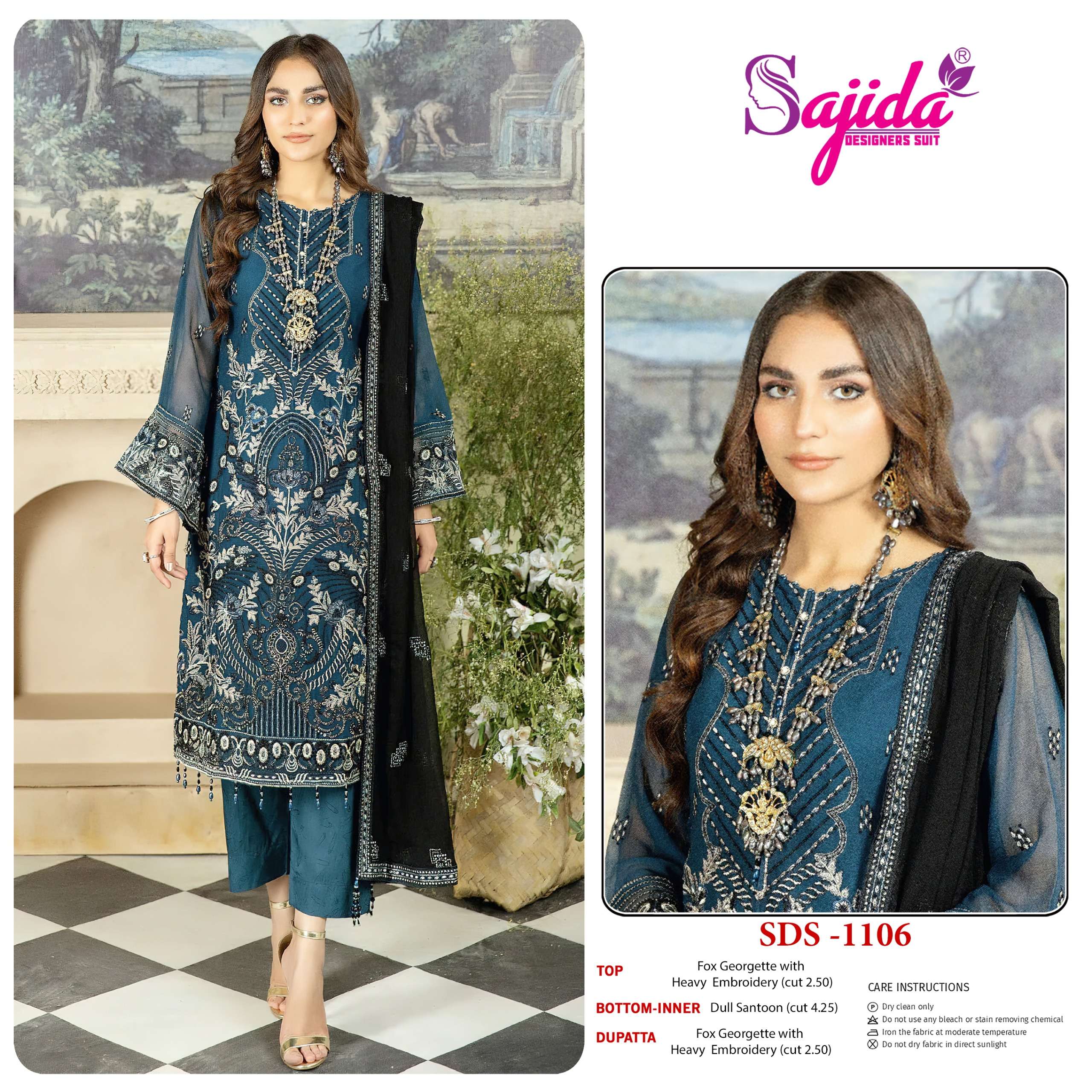 SAJIDA DESIGNER SUIT 1106 HEAVY EMBROIDERED PAKISTANI BLUE S...