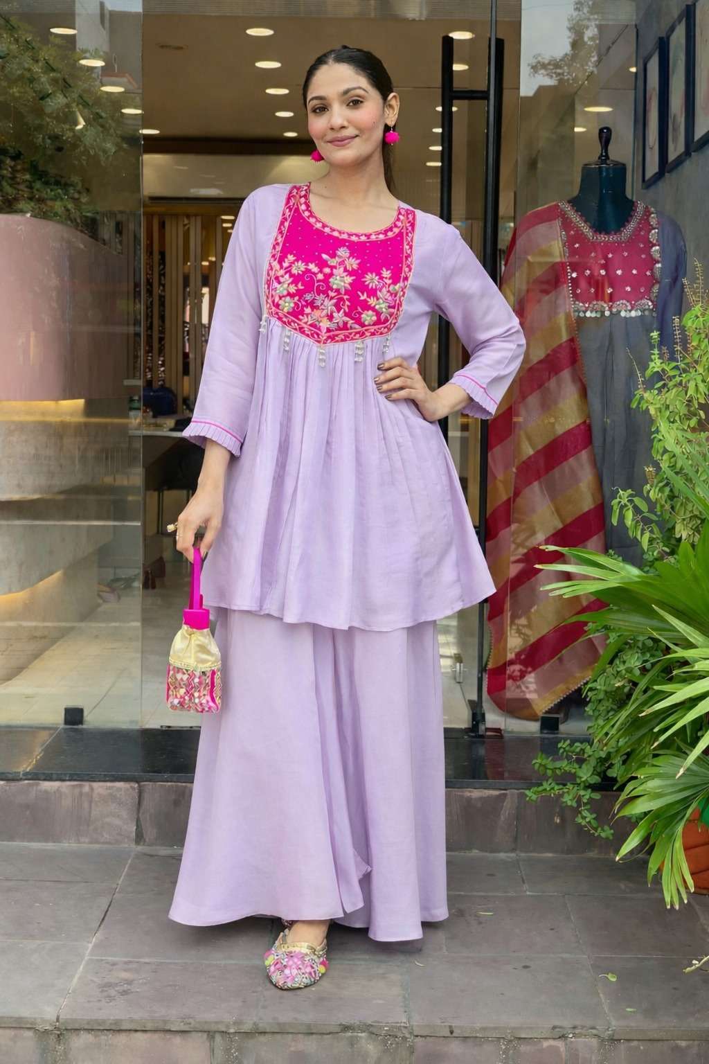 SHARARA CORD KURTA SET SILK FABRIC FROCK AND PALAZZO FESTIVA...