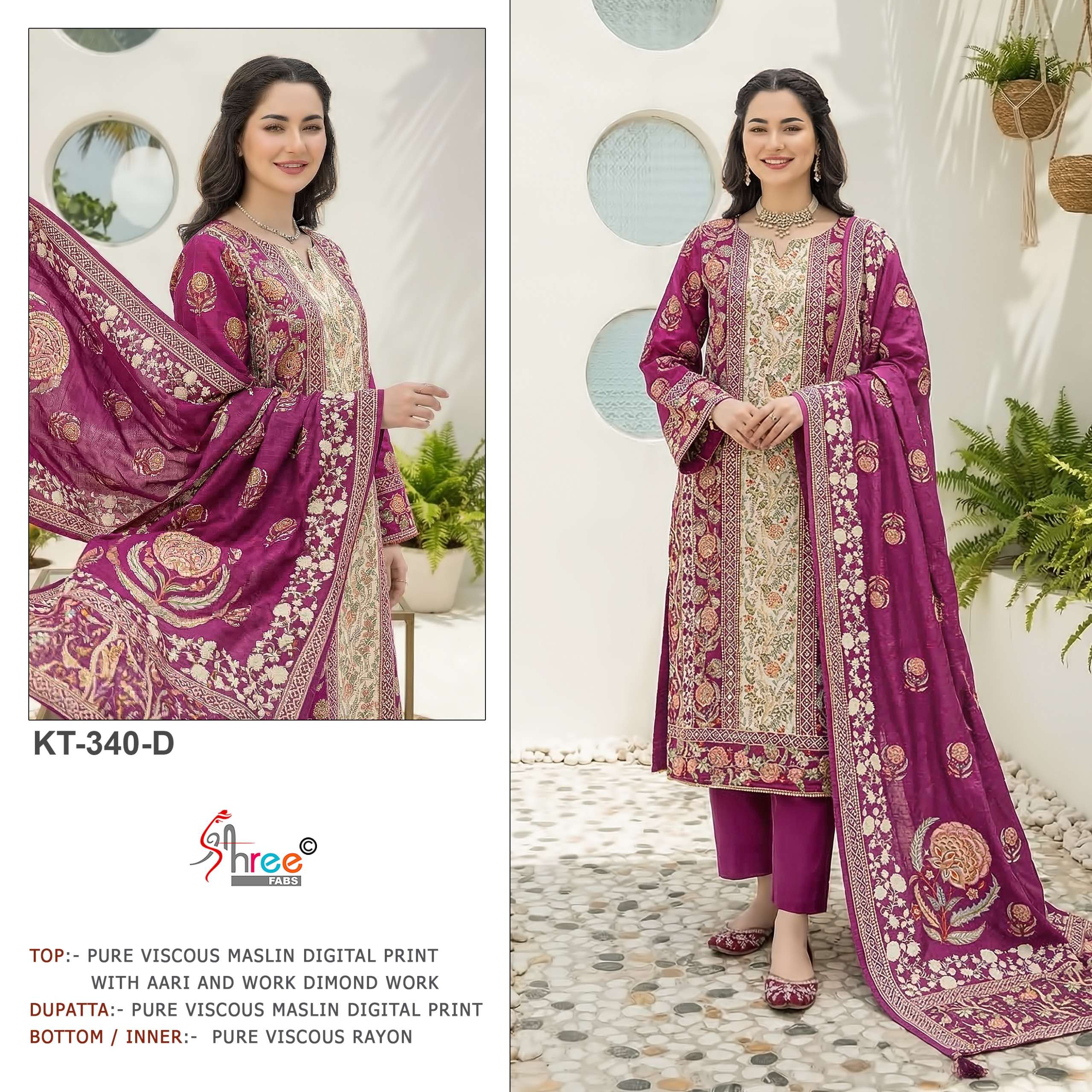 SHREE FABS KT 340 MASLIN PRINT AND WORK SALWAR SUIT FOT FUNC...