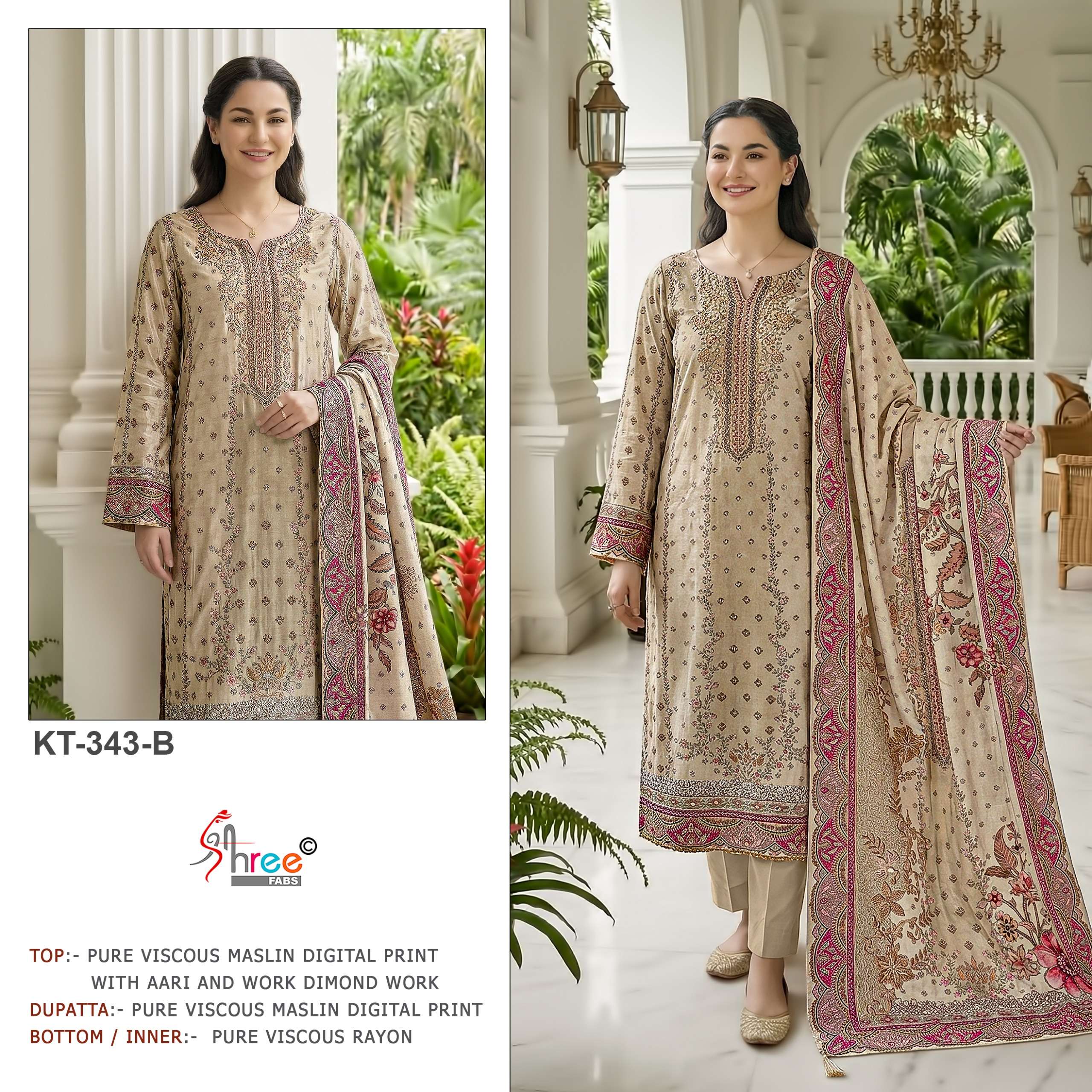 SHREE FABS KT 343 VISCOSE MASLIN PATTERN 3 PIECE SUIT AT UNS...